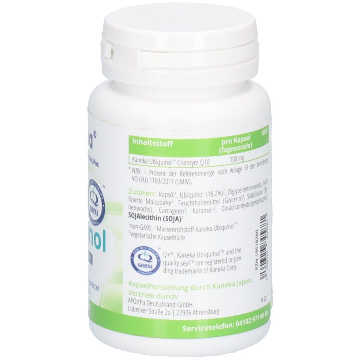 Rückseite der weißen Flasche mit APOrtha Ubiquinol Kapseln. Text und Inhaltsstoffe.