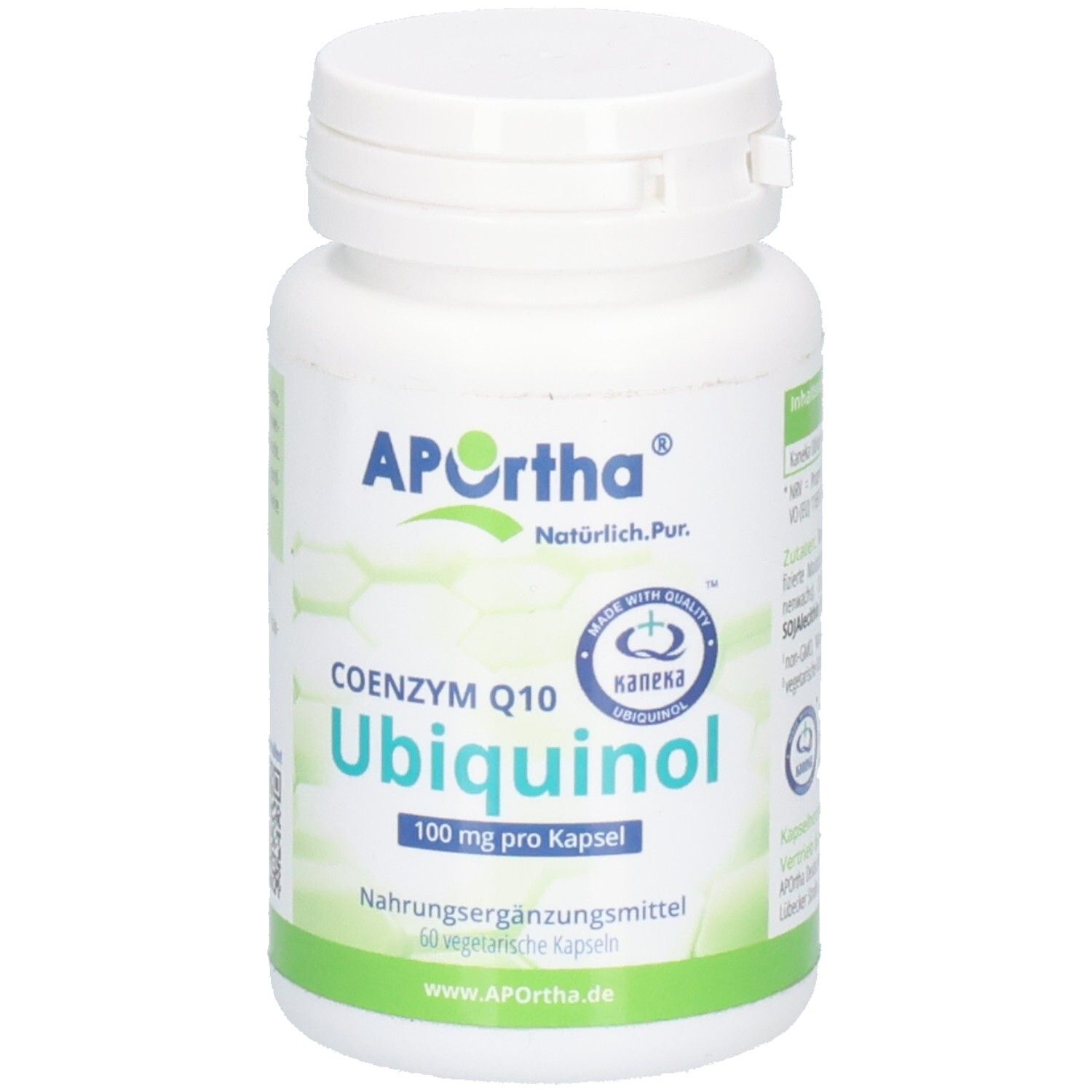 Weiße Flasche mit APOrtha Ubiquinol Kapseln. Aufschrift: 100 mg pro Kapsel, 60 vegetarische Kapseln.