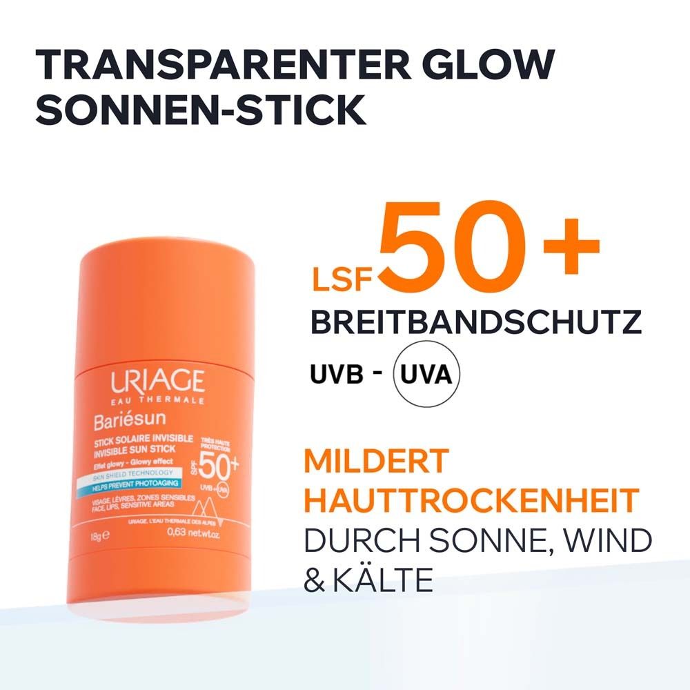Uriage Bariésun stick solaire. Stick orange avec SPF50+ et protection UVB-UVA. Atténue la sécheresse cutanée.