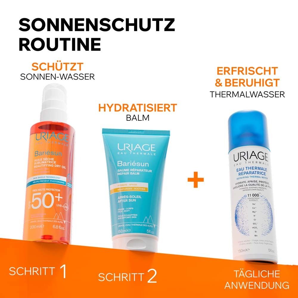 Routine solaire Uriage Bariésun : Huile sèche, Baume après-soleil, Eau thermale. Étape 1, 2, application quotidienne.