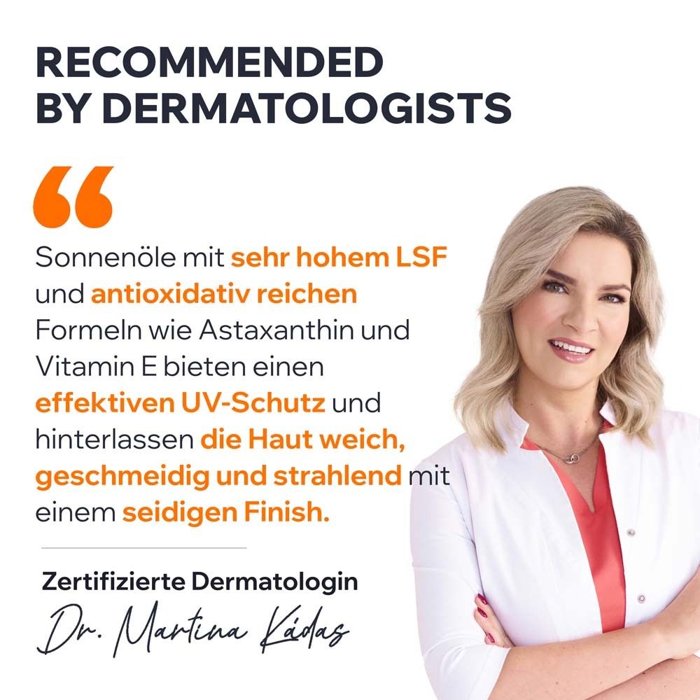 Dermatologue certifiée Dr. Martina Kädas. Recommande les huiles solaires avec SPF élevé et antioxydants.
