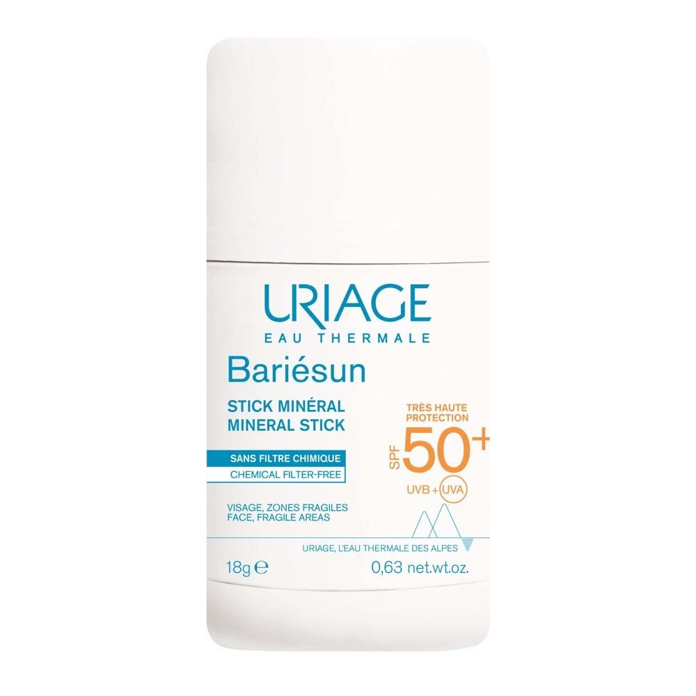 Uriage Bariésun Mineral Stick SPF 50+. Weißer Stick mit Produktnamen und SPF 50+.