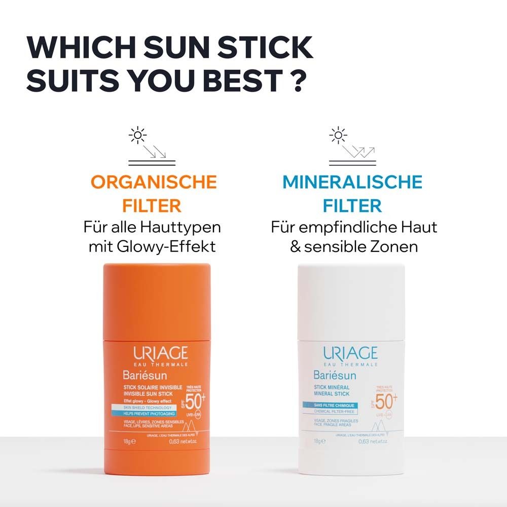 Vergleich von zwei Sonnencremes. Uriage Bariésun Mineral Stick und ein orangefarbener Stick.