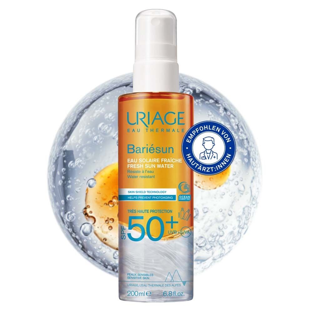 Uriage Bariésun Sonnenschutzspray SPF 50+. Flasche mit Sprühkopf. Empfohlen von Hautärzten. Wasser- und sonnenbeständig.