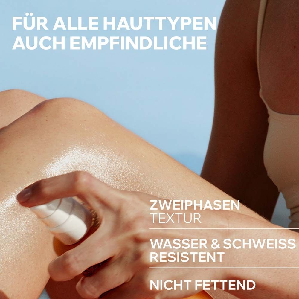 Bein einer Person, die Uriage Bariésun SPF 50+ auf die Haut sprüht. Für alle Hauttypen, auch empfindliche. Wasser- und schweißresistent.