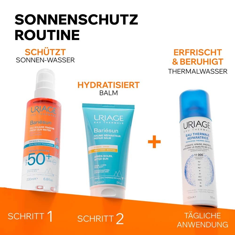 Uriage Sonnenschutz-Routine. Sonnenschutzspray, After-Sun-Balsam und Thermalwasser. Schritt 1, 2 und tägliche Anwendung.