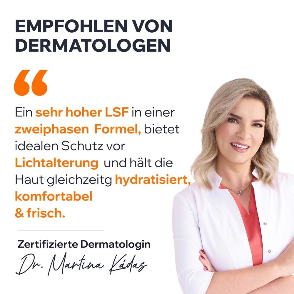 Zertifizierte Dermatologin Dr. Martina Kadas. Empfiehlt Uriage Bariésun. Hoher LSF in einer Zwei-Phasen-Formel.
