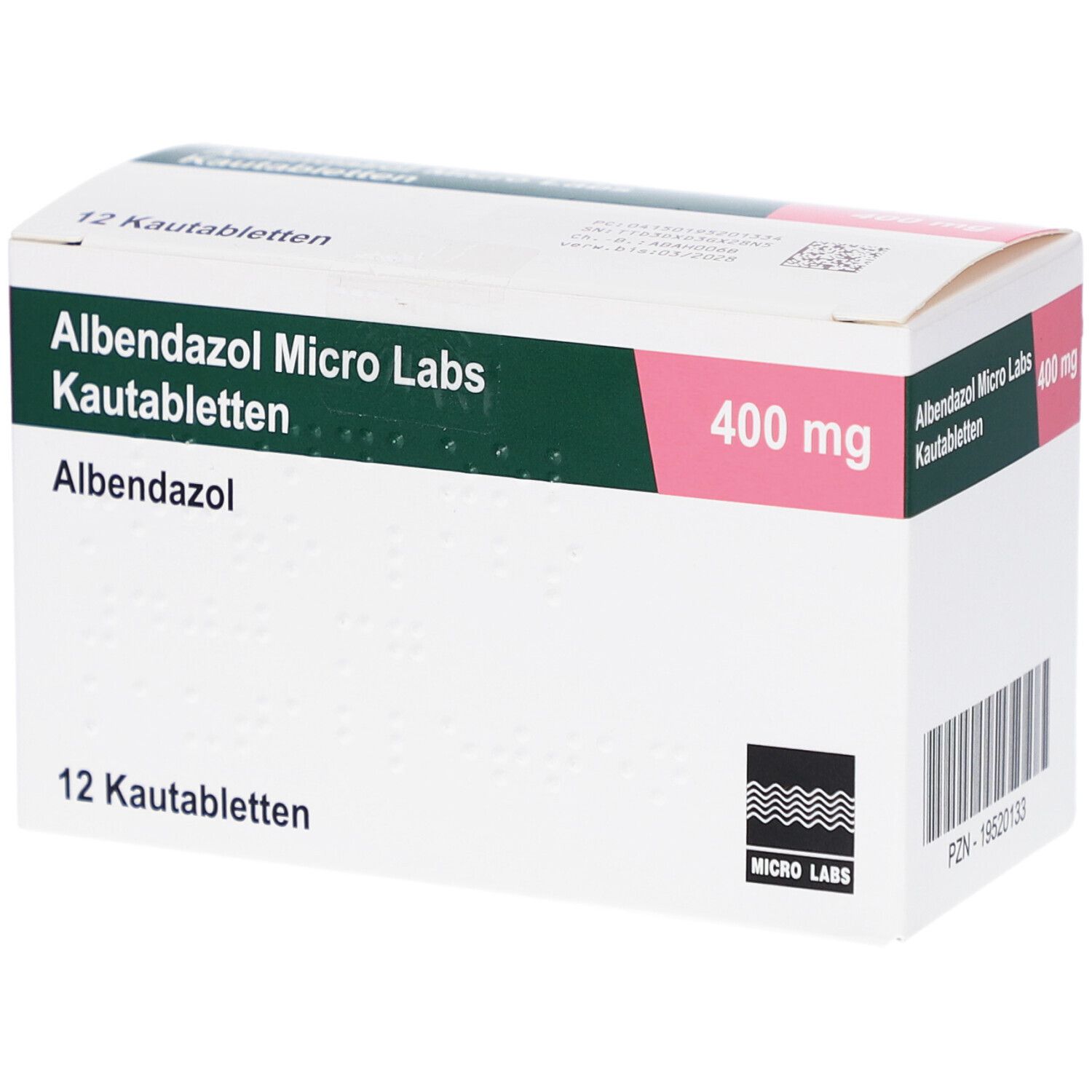 Schachtel mit 12 Kautabletten. Aufschrift: Albendazol Micro Labs 400 mg. Grün, weiß und rosa Farbkombination.