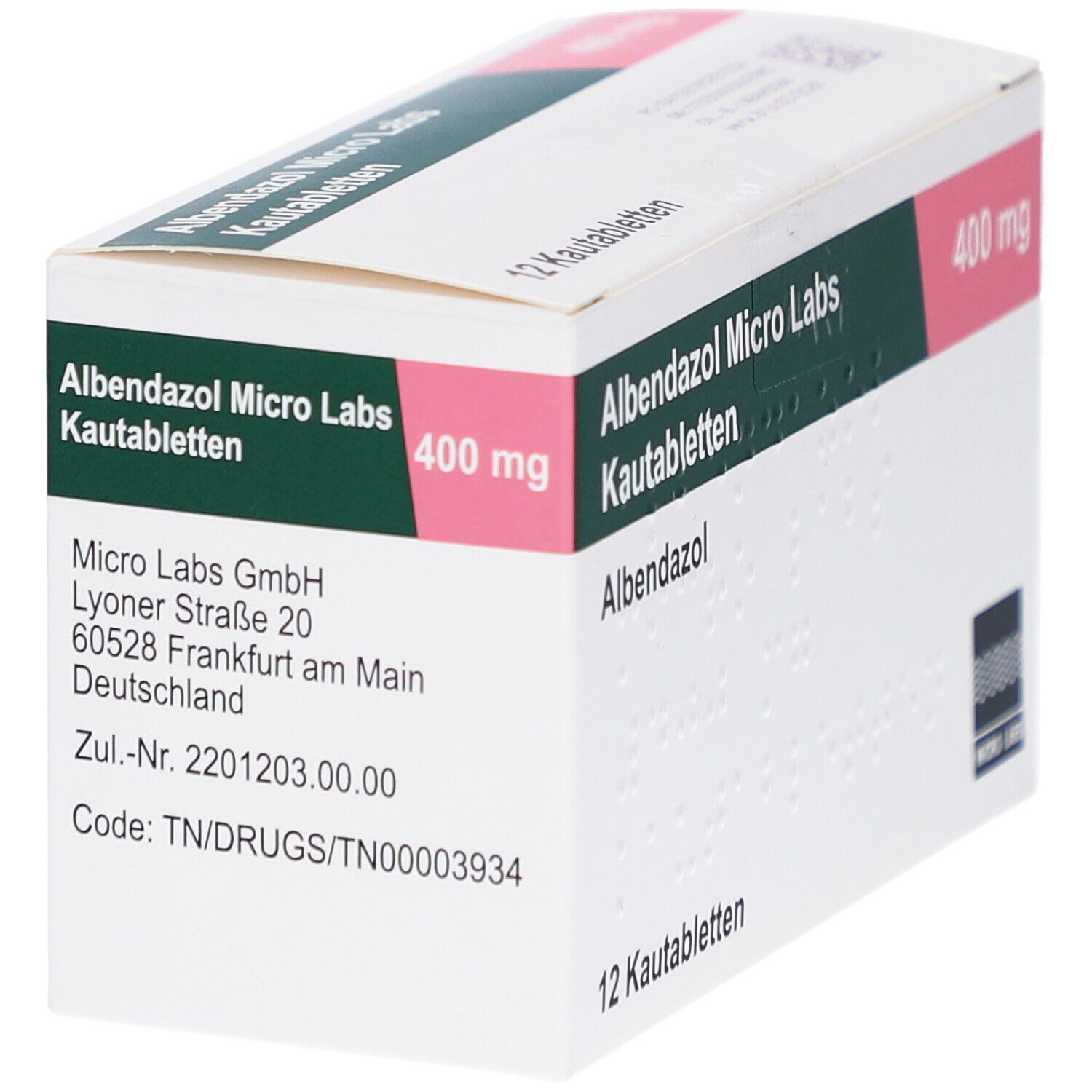 Schachtel mit 12 Kautabletten. Aufschrift: Albendazol Micro Labs 400 mg. Herstelleradresse und Zulassungsnummer.
