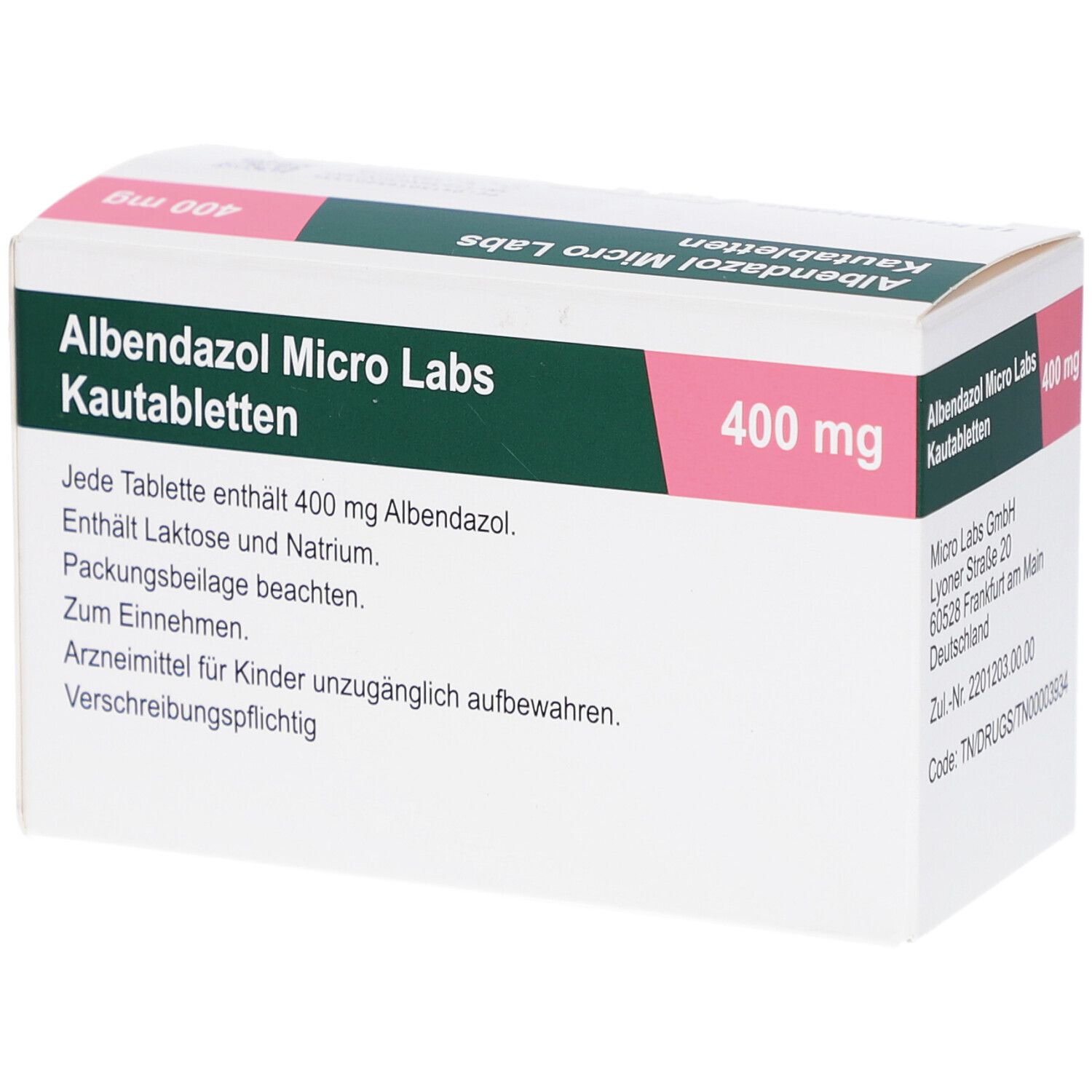 Schachtel mit 12 Kautabletten. Aufschrift: Albendazol Micro Labs 400 mg. Textinformationen und Dosierungshinweise.
