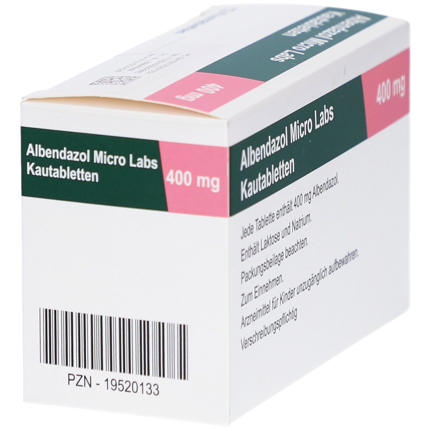 Schachtel mit 12 Kautabletten. Aufschrift: Albendazol Micro Labs 400 mg. PZN-Nummer und Barcode.