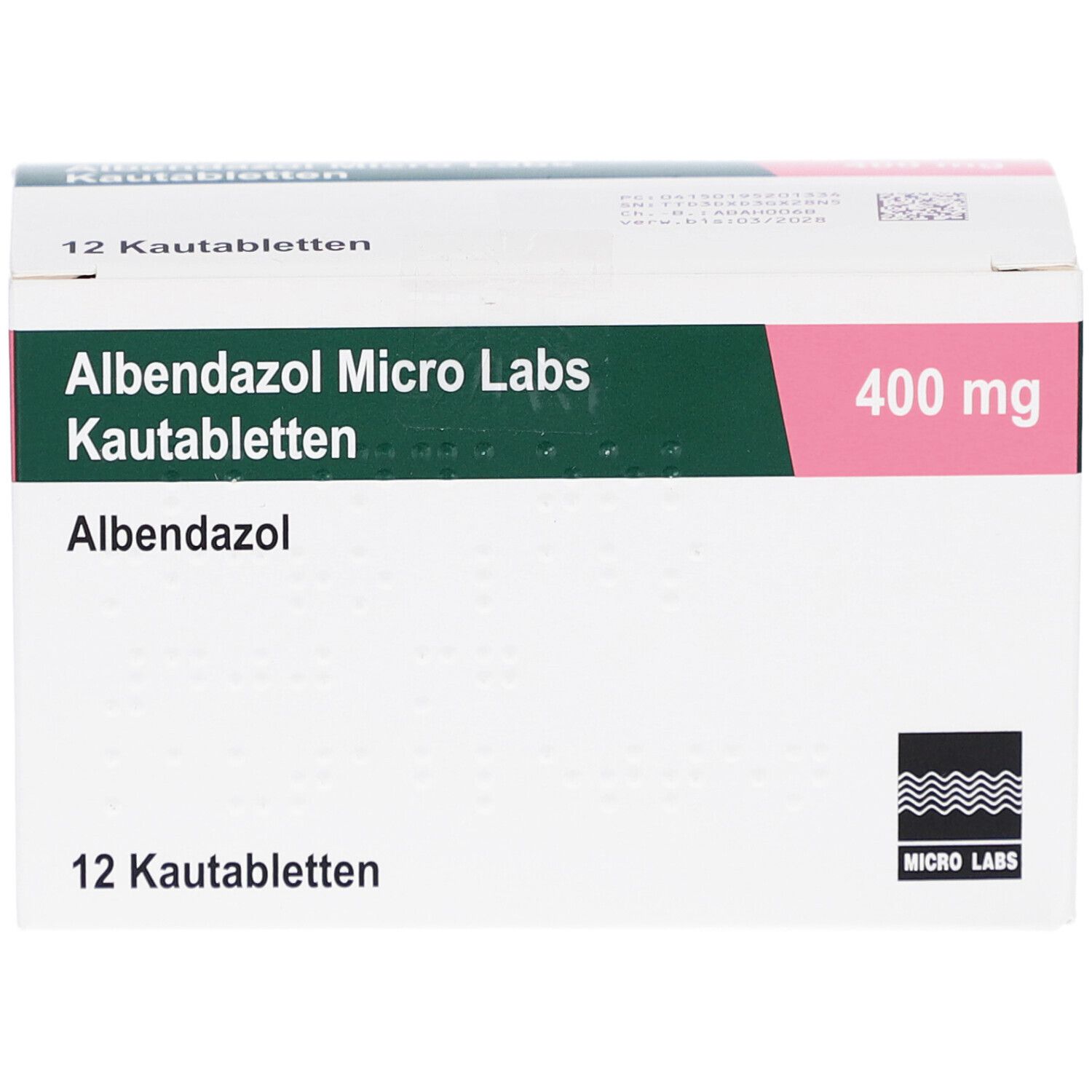 Schachtel mit 12 Kautabletten. Aufschrift: Albendazol Micro Labs 400 mg. Grün, weiß und rosa Farbkombination.