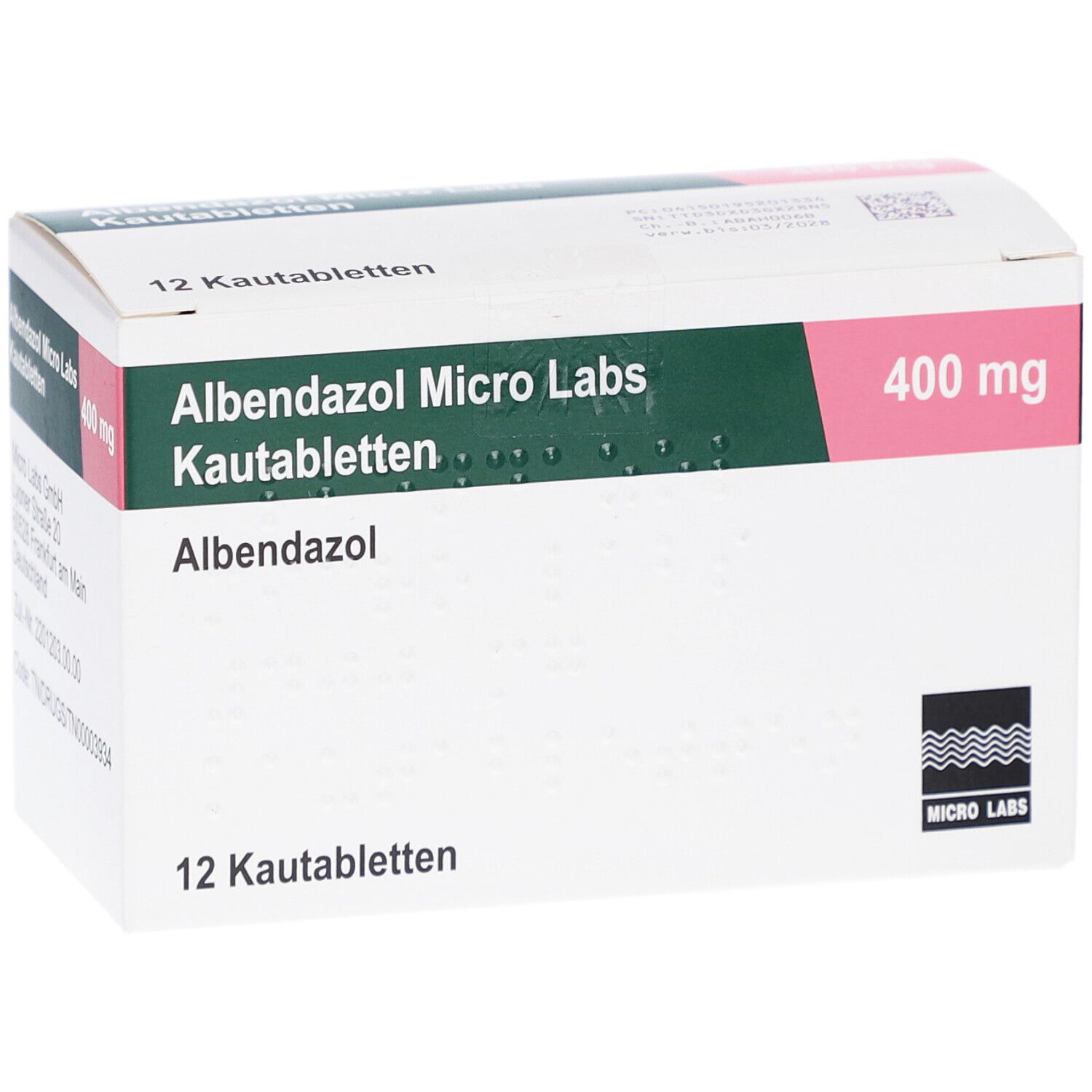 Schachtel mit 12 Kautabletten. Aufschrift: Albendazol Micro Labs 400 mg. Grün, weiß und rosa Farbkombination.