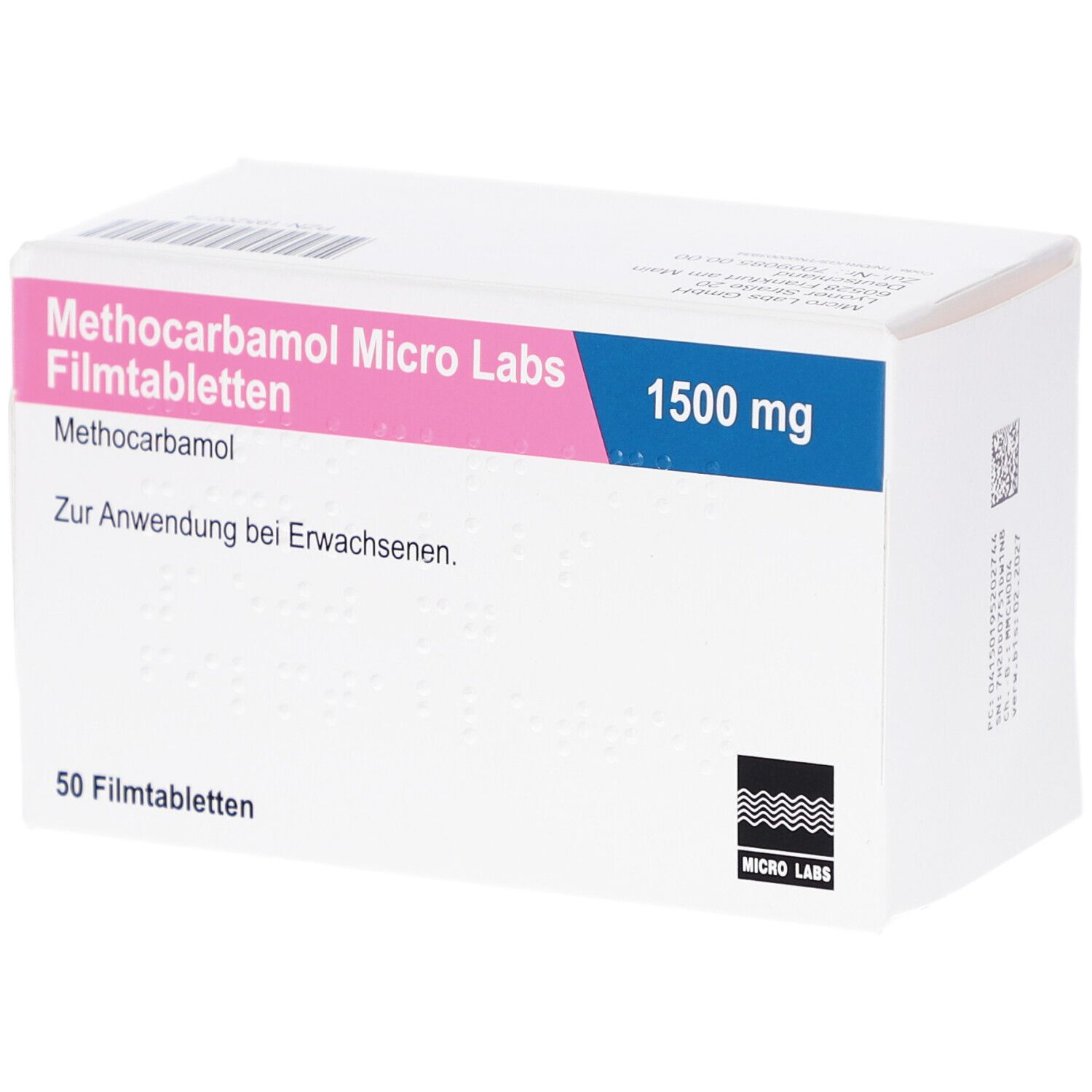 Schachtel mit METHOCARBAMOL Micro Labs 1500 mg Filmtabletten. Rosa und blaue Akzente. 50 Filmtabletten.