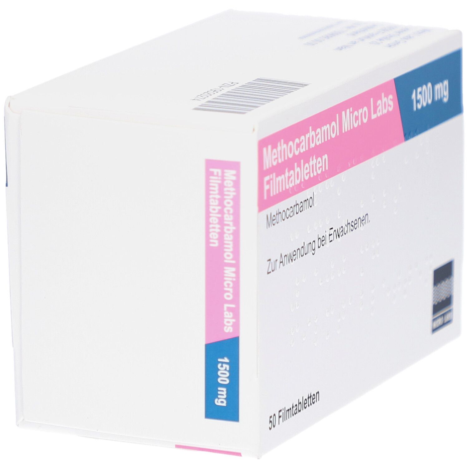 Schachtel mit METHOCARBAMOL Micro Labs 1500 mg Filmtabletten. Rosa und blaue Akzente. Aufschrift und Logo.