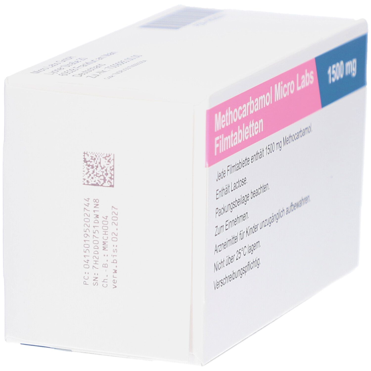Schachtel mit METHOCARBAMOL Micro Labs 1500 mg Filmtabletten. Detailansicht der Verpackung mit Text.