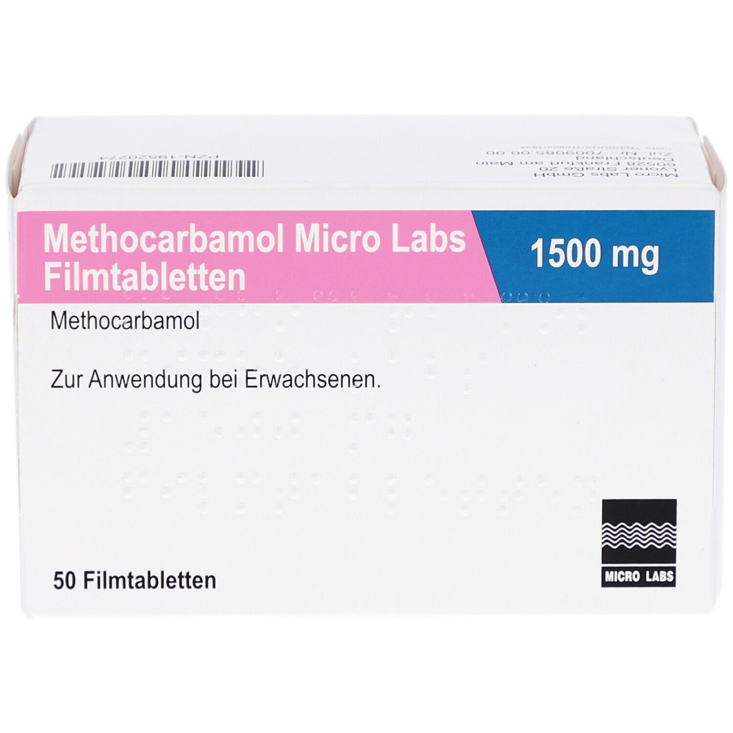 Schachtel mit METHOCARBAMOL Micro Labs 1500 mg Filmtabletten. Rosa und blaue Akzente. 50 Filmtabletten.