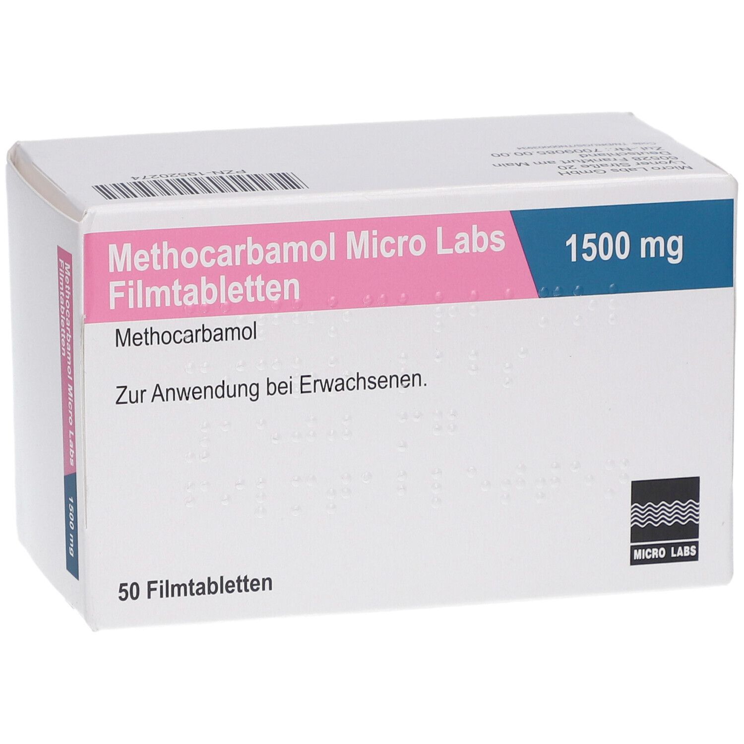 Schachtel mit METHOCARBAMOL Micro Labs 1500 mg Filmtabletten. Rosa und blaue Akzente. 50 Filmtabletten.