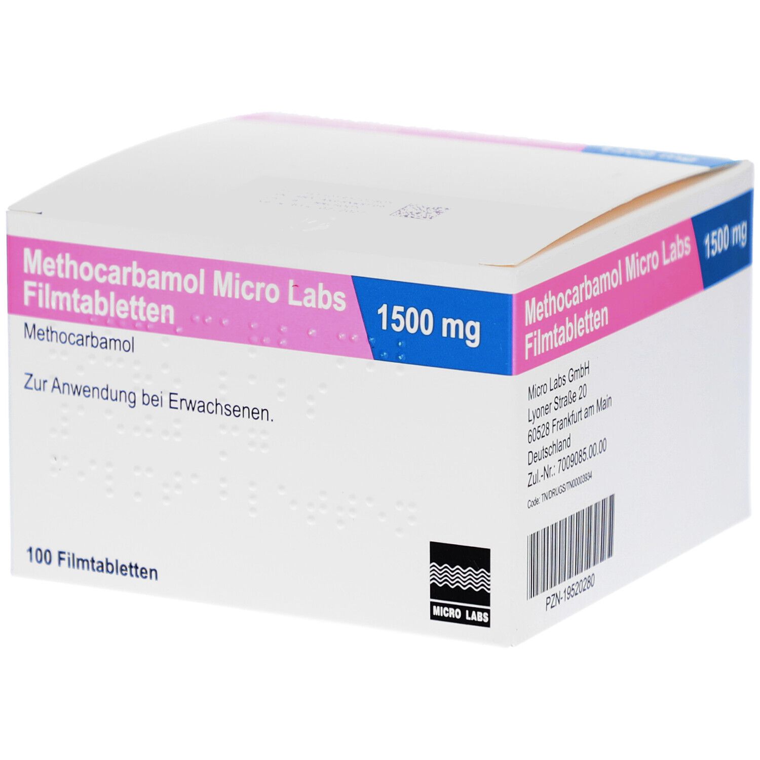 Schachtel mit Tabletten. Aufdruck: Methocarbamol Micro Labs 1500 mg Filmtabletten. 100 Filmtabletten. Logo Micro Labs.