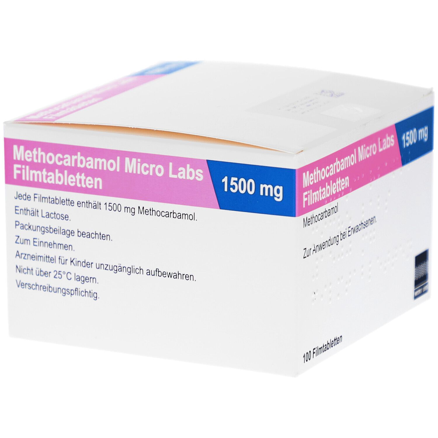 Schachtel mit Tabletten. Aufdruck: Methocarbamol Micro Labs 1500 mg Filmtabletten. Text in Deutsch. 100 Filmtabletten.