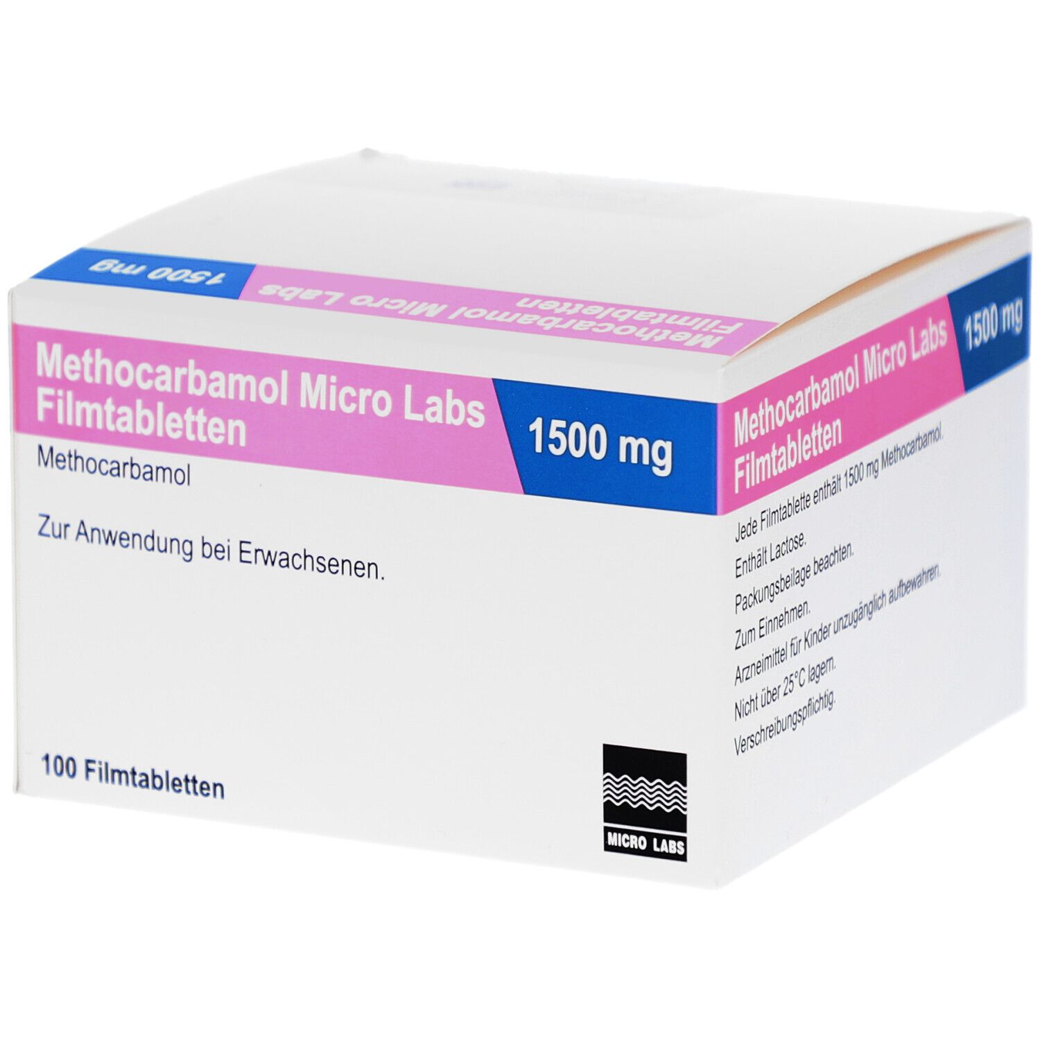 Schachtel mit Tabletten. Aufdruck: Methocarbamol Micro Labs 1500 mg Filmtabletten. 100 Filmtabletten. Logo Micro Labs.