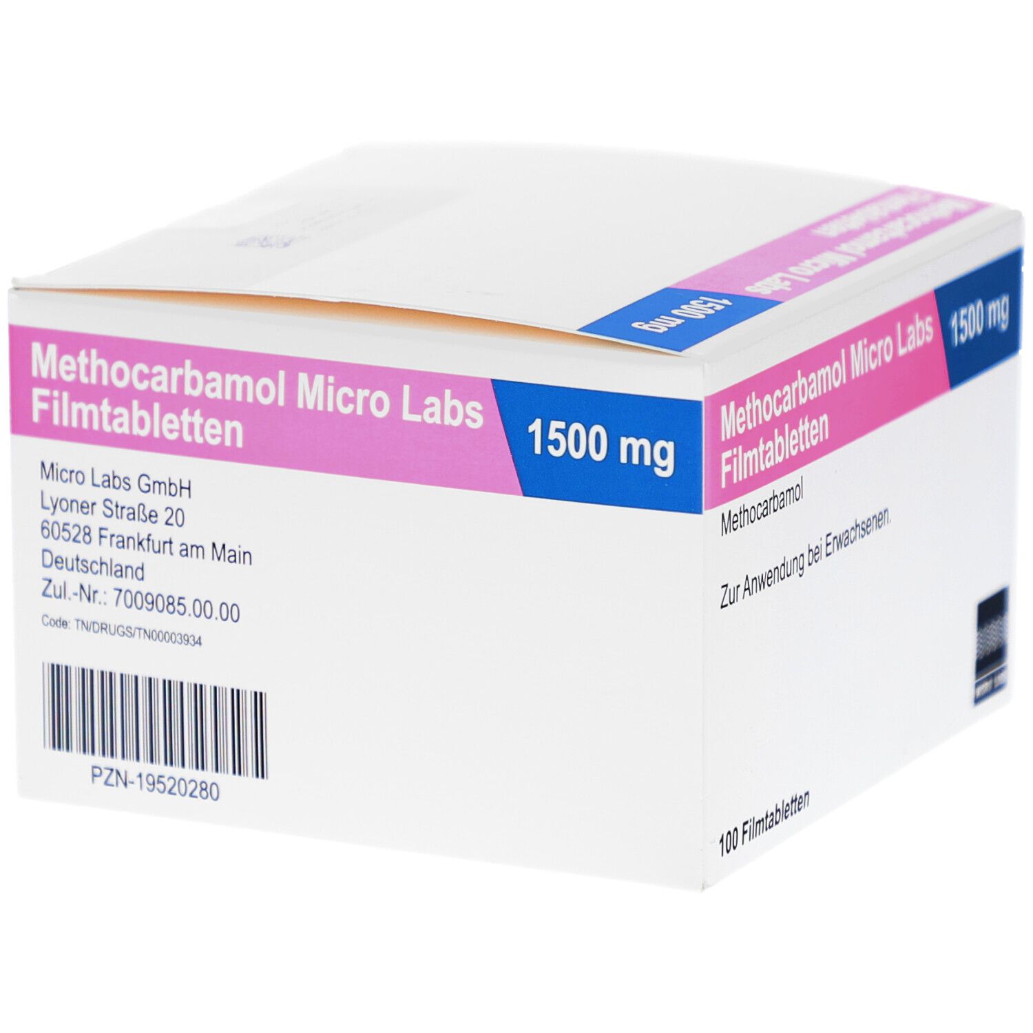 Schachtel mit Tabletten. Aufdruck: Methocarbamol Micro Labs 1500 mg Filmtabletten. 100 Filmtabletten. Logo Micro Labs.