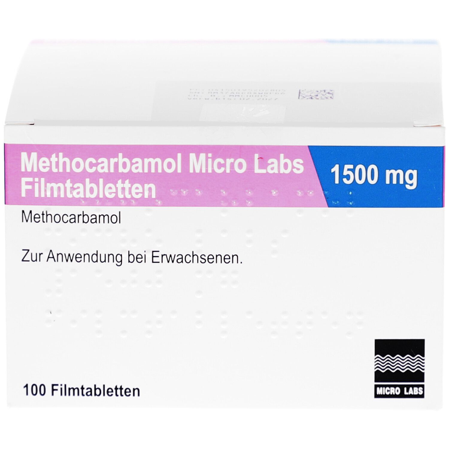 Schachtel mit Tabletten. Aufdruck: Methocarbamol Micro Labs 1500 mg Filmtabletten. 100 Filmtabletten. Logo Micro Labs.