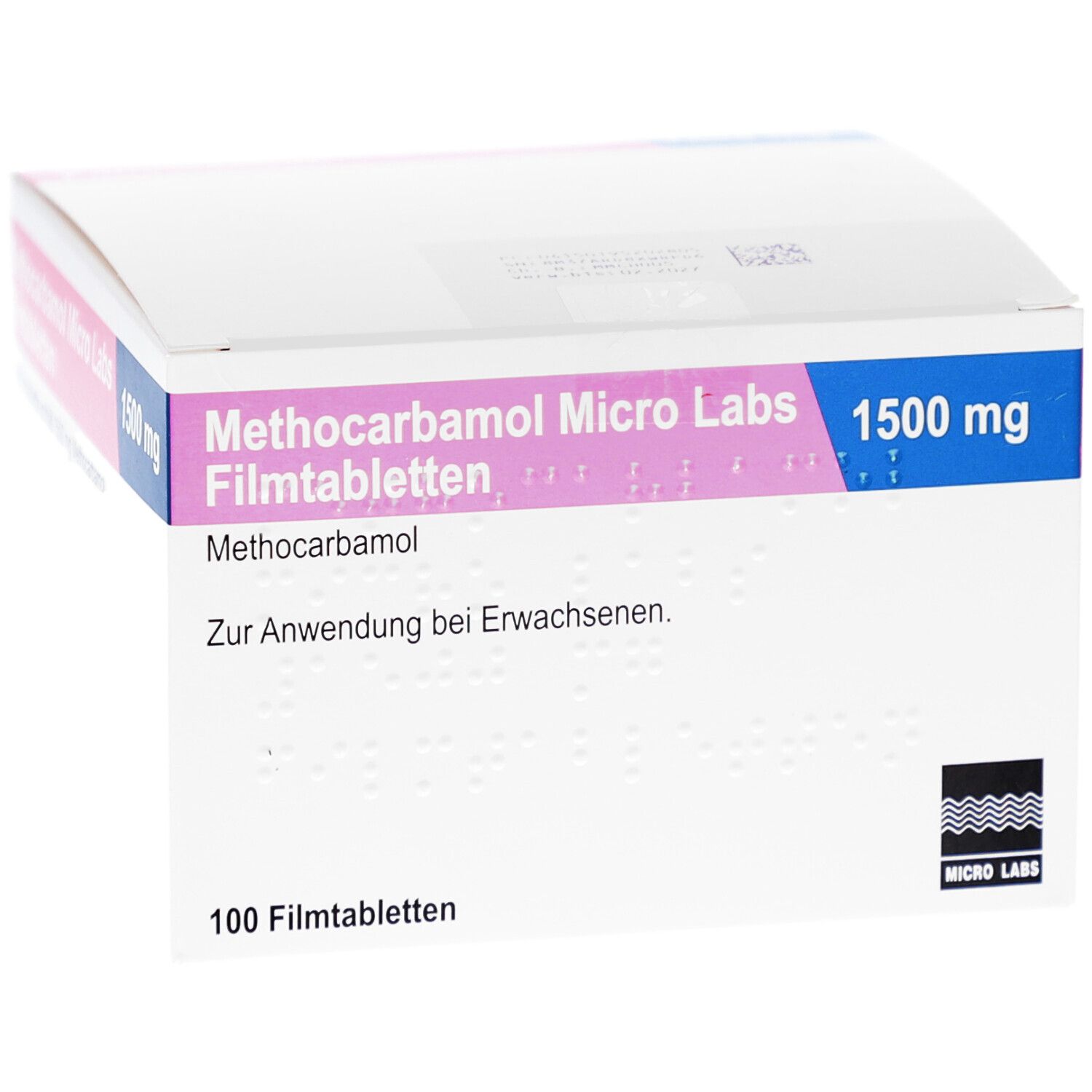 Schachtel mit Tabletten. Aufdruck: Methocarbamol Micro Labs 1500 mg Filmtabletten. 100 Filmtabletten. Logo Micro Labs.
