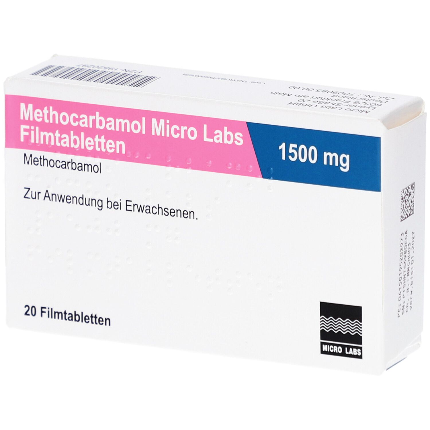 Weiße Schachtel mit rosa und blauem Text. Enthält 20 Filmtabletten. Aufschrift: METHOCARBAMOL Micro Labs 1500 mg Filmtabletten.