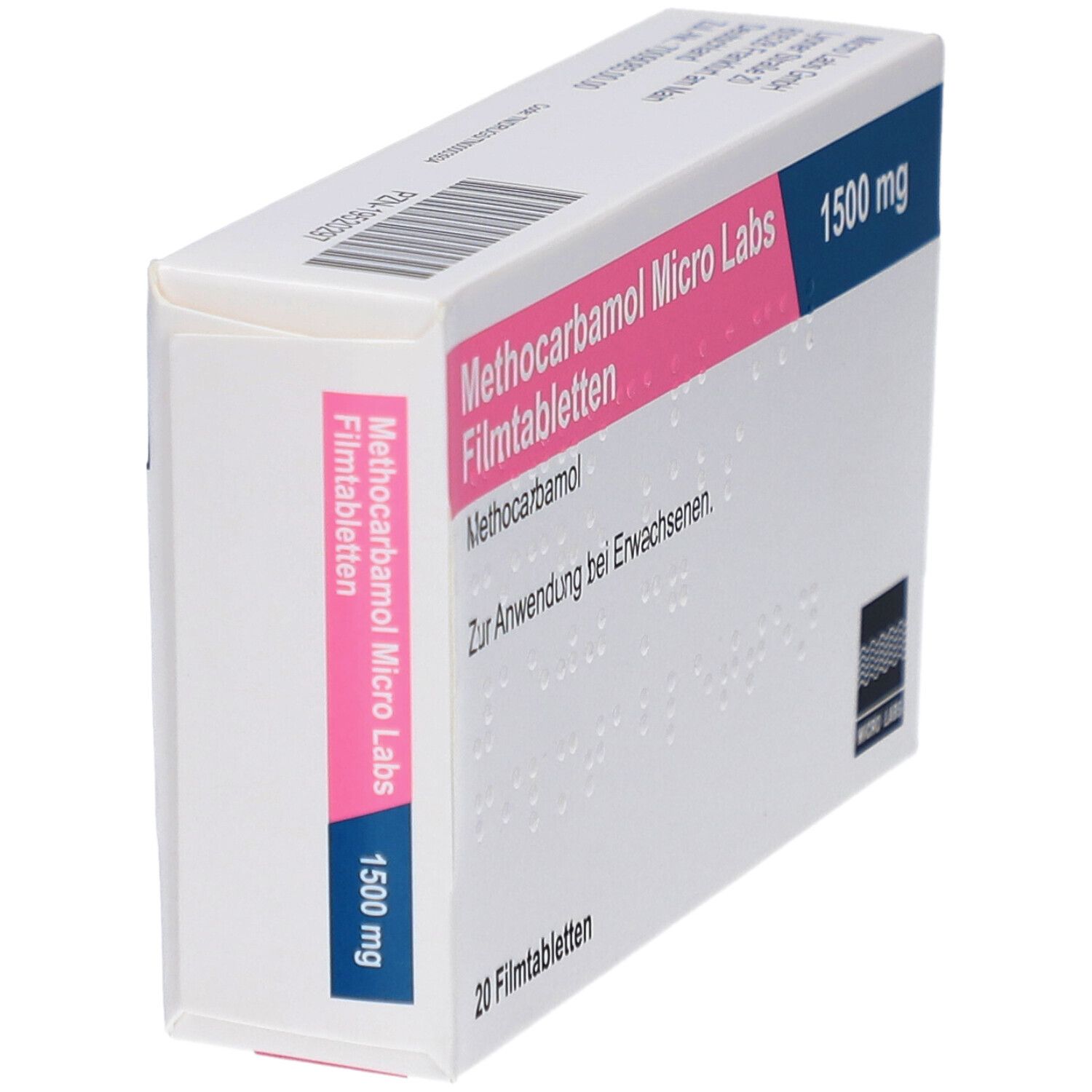 Schachtel mit rosa und blauem Text. Aufschrift: METHOCARBAMOL Micro Labs 1500 mg Filmtabletten. Seitenansicht mit Barcode und Text.