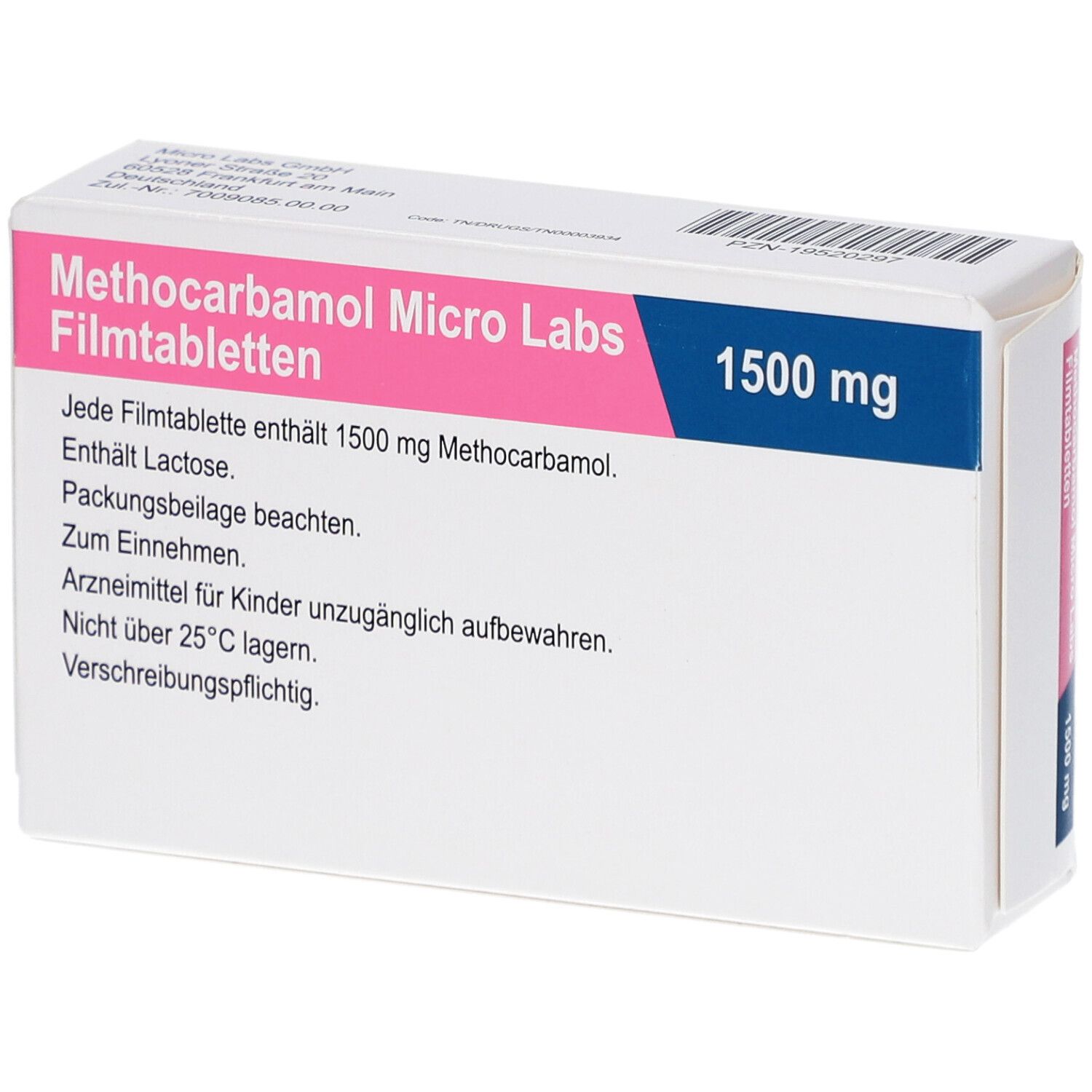 Weiße Schachtel mit rosa und blauem Text. Aufschrift: METHOCARBAMOL Micro Labs 1500 mg Filmtabletten. Enthält Informationen und Warnhinweise.