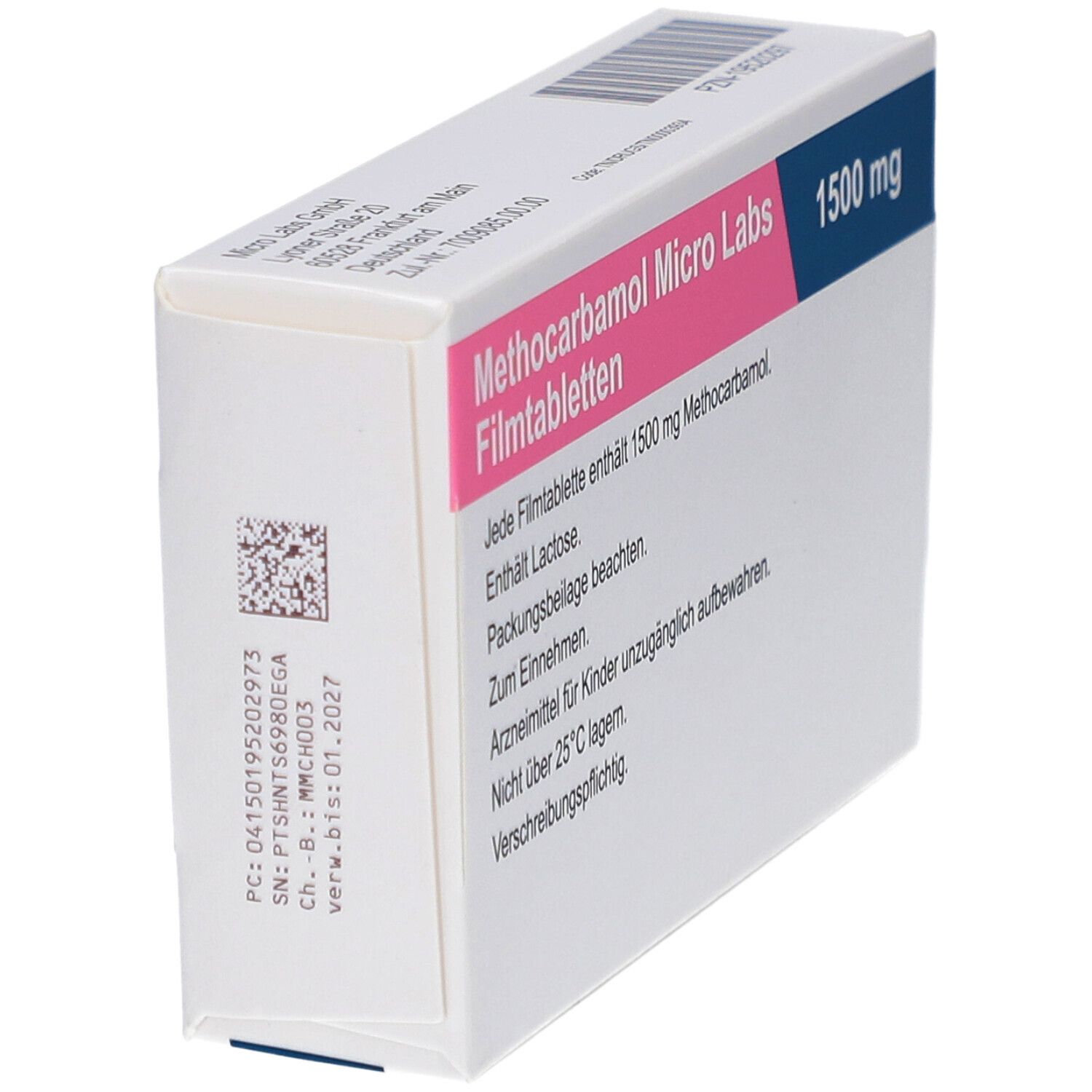 Schachtel mit rosa und blauem Text. Aufschrift: METHOCARBAMOL Micro Labs 1500 mg Filmtabletten. Rückseite mit Informationen und Barcode.