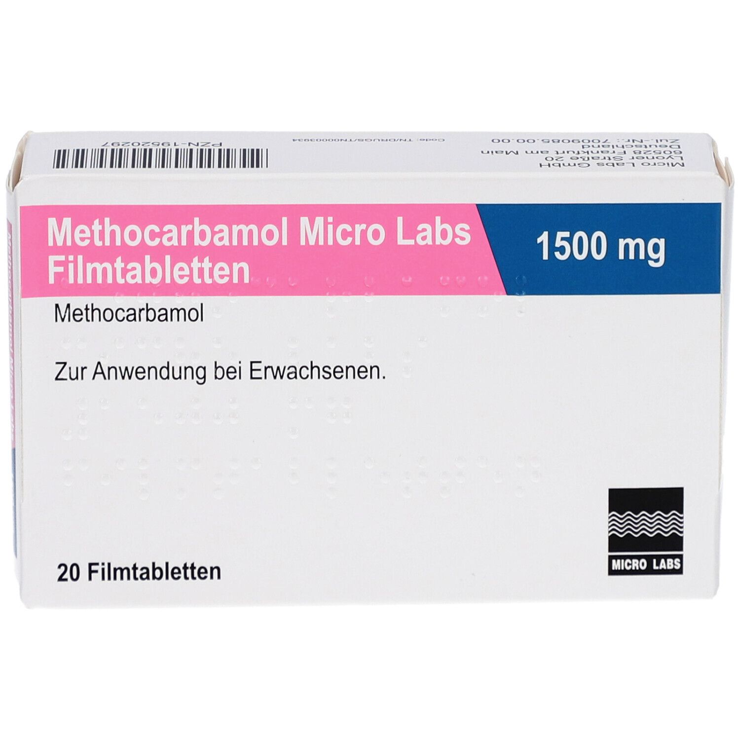 Weiße Schachtel mit rosa und blauem Text. Aufschrift: METHOCARBAMOL Micro Labs 1500 mg Filmtabletten. Enthält 20 Filmtabletten.