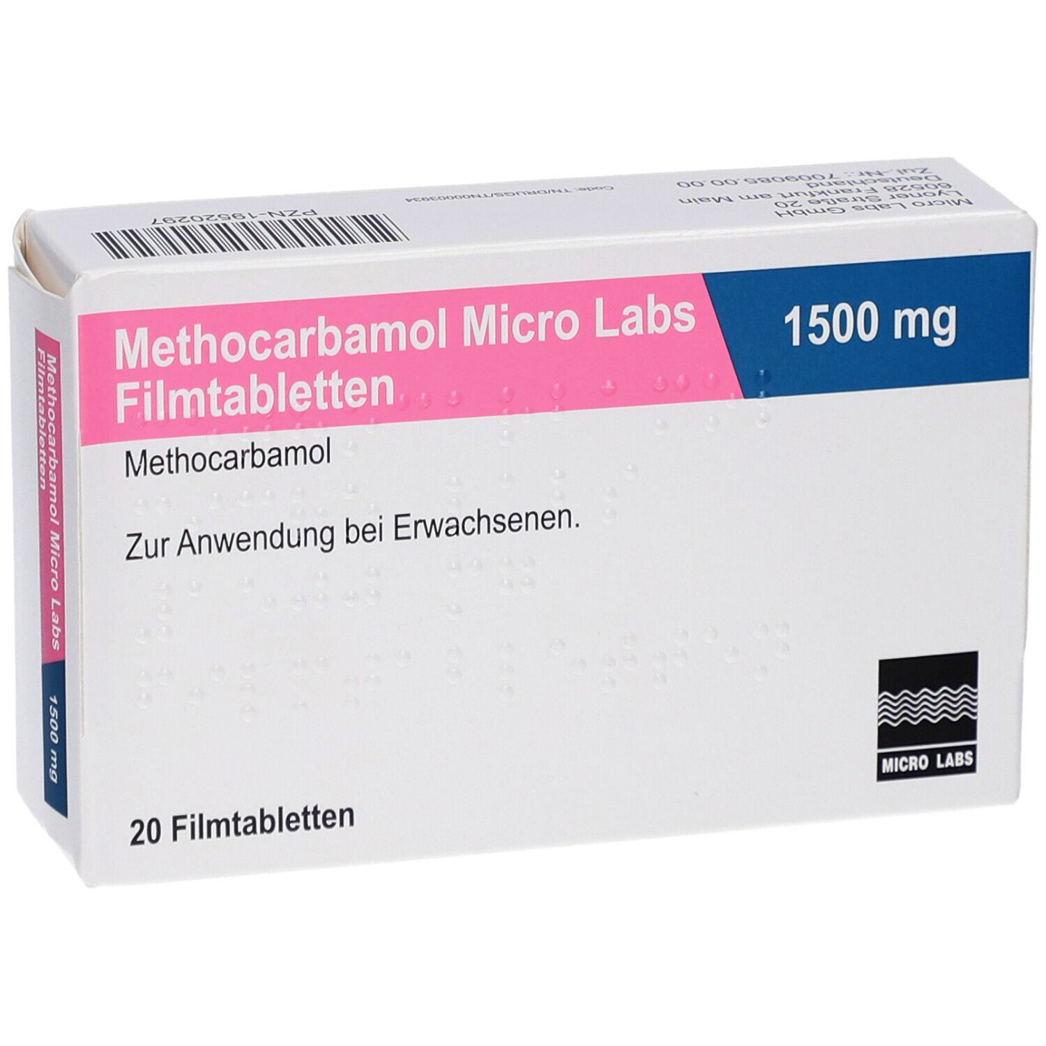 Weiße Schachtel mit rosa und blauem Text. Aufschrift: METHOCARBAMOL Micro Labs 1500 mg Filmtabletten. Enthält 20 Filmtabletten.