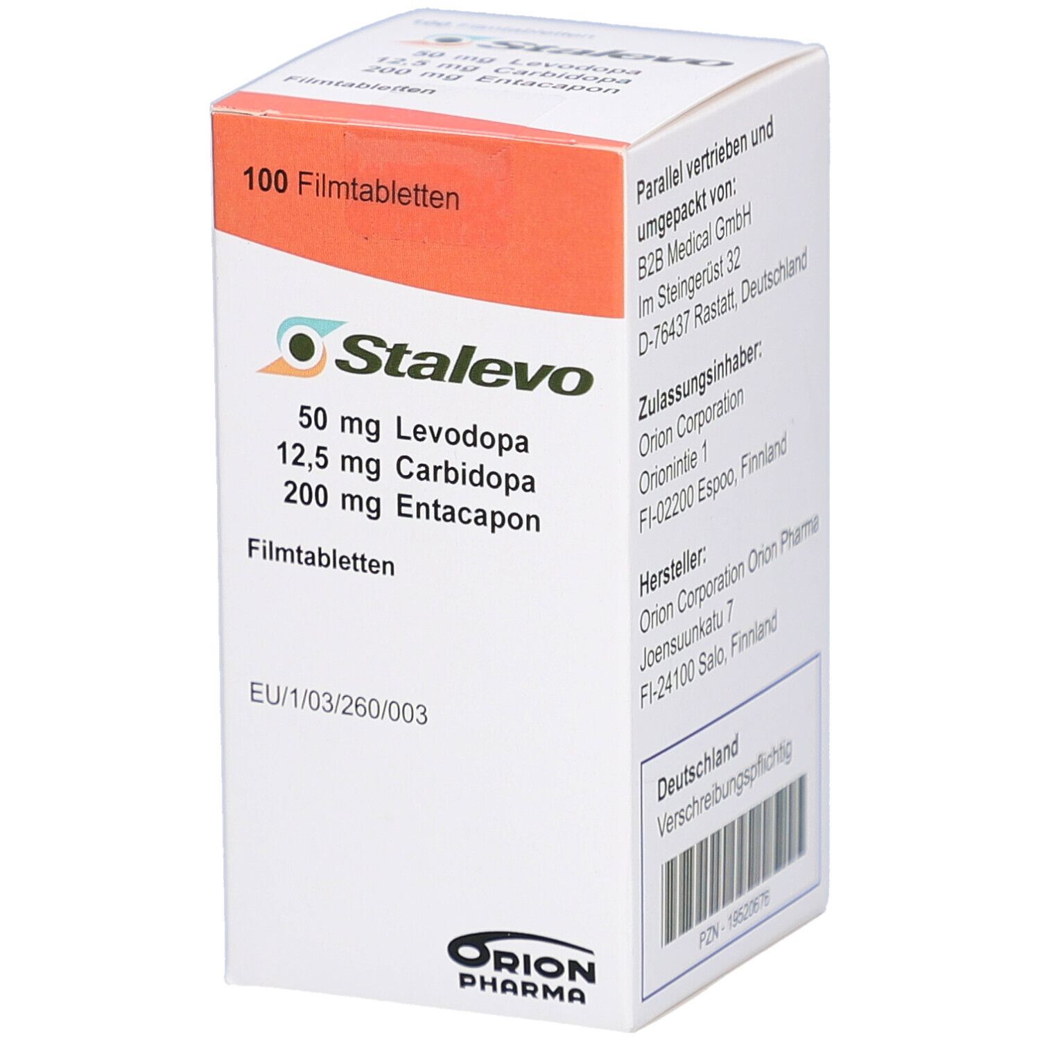 Schachtel mit STALEVO 50 mg/12,5 mg/200 mg Filmtabletten. Enthält 100 Tabletten. Orangefarbener Deckel. Orion Pharma Logo.