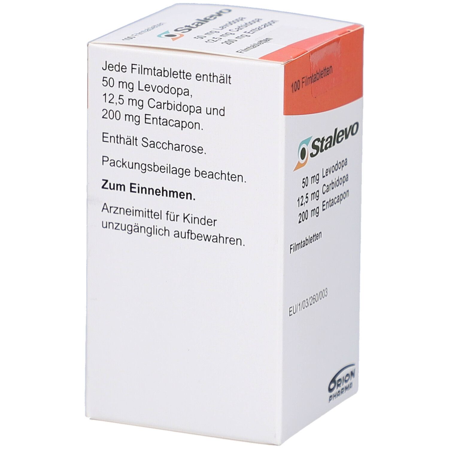 Schachtel mit STALEVO 50 mg/12,5 mg/200 mg Filmtabletten. Enthält 100 Tabletten. Orangefarbener Deckel. Orion Pharma Logo.