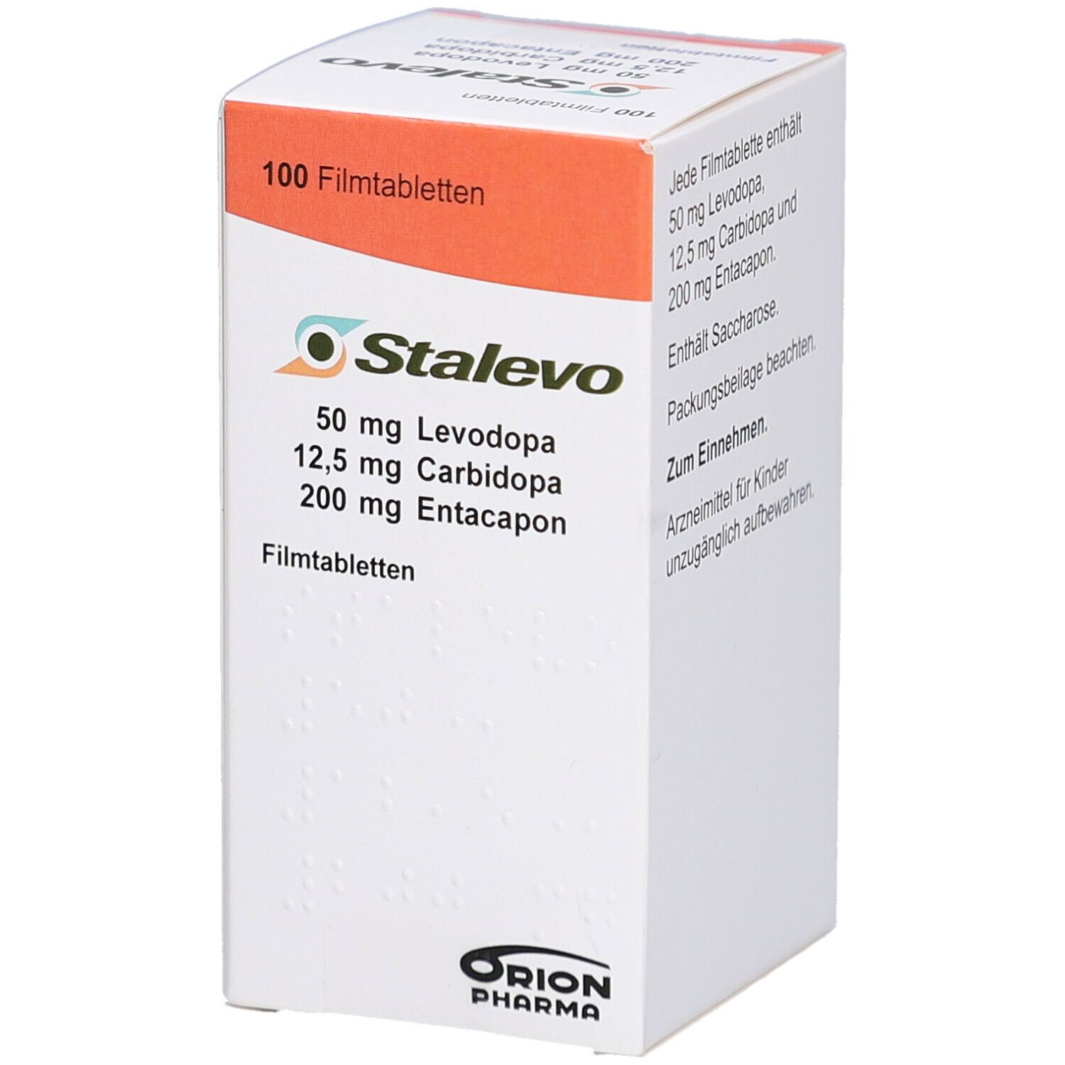 Schachtel mit STALEVO 50 mg/12,5 mg/200 mg Filmtabletten. Enthält 100 Tabletten. Orangefarbener Deckel. Orion Pharma Logo.