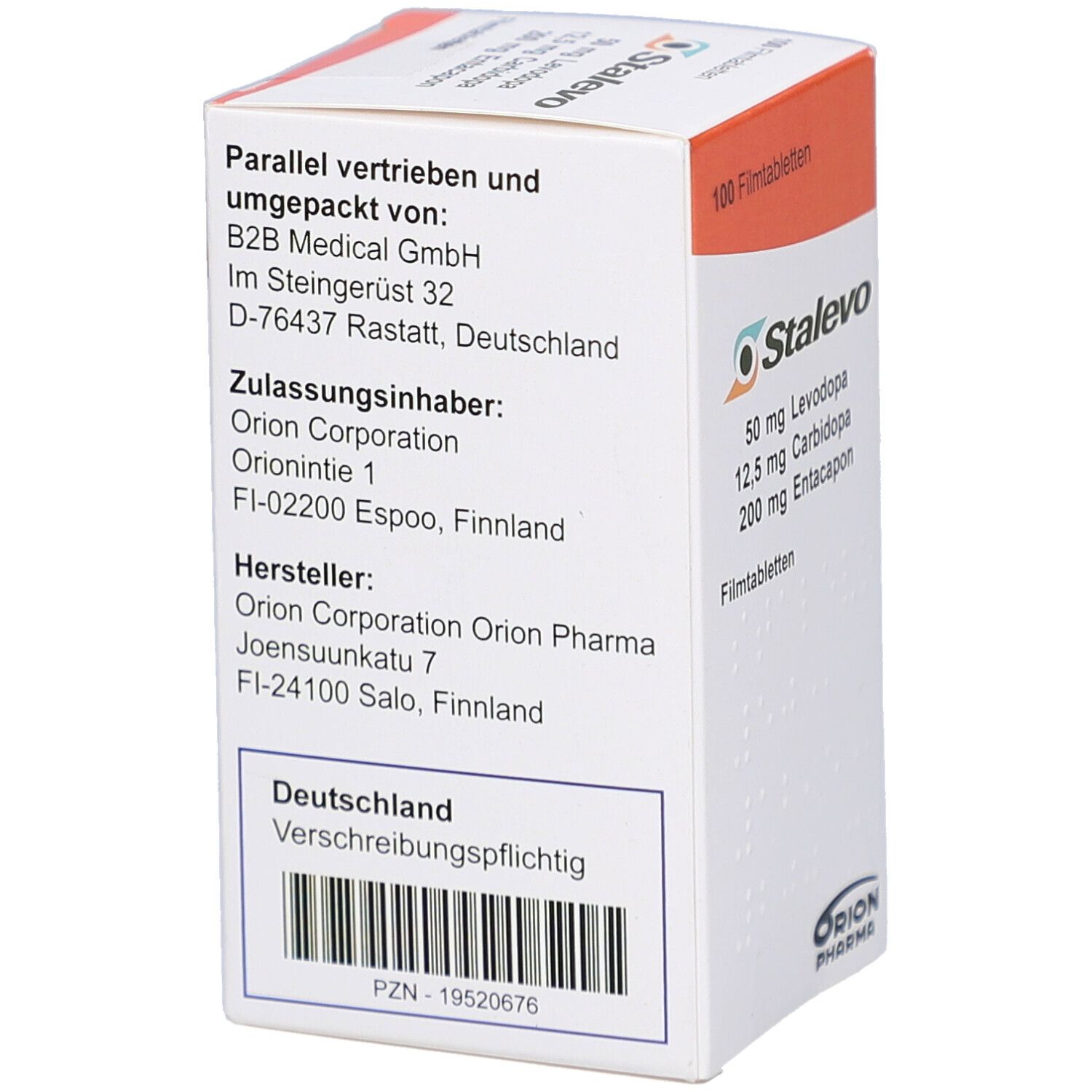 Rückseite der STALEVO 50 mg/12,5 mg/200 mg Filmtabletten-Schachtel. Enthält Informationen zu Hersteller und Vertrieb.