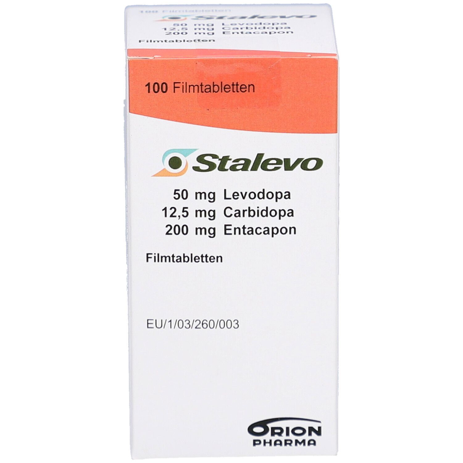 Schachtel mit STALEVO 50 mg/12,5 mg/200 mg Filmtabletten. Enthält 100 Tabletten. Orangefarbener Deckel. Orion Pharma Logo.