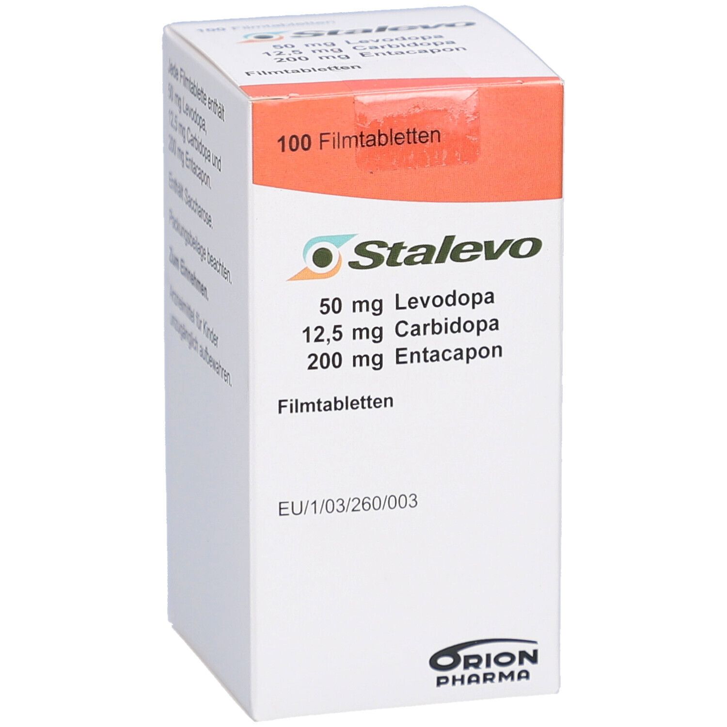 Schachtel mit STALEVO 50 mg/12,5 mg/200 mg Filmtabletten. Enthält 100 Tabletten. Orangefarbener Deckel. Orion Pharma Logo.