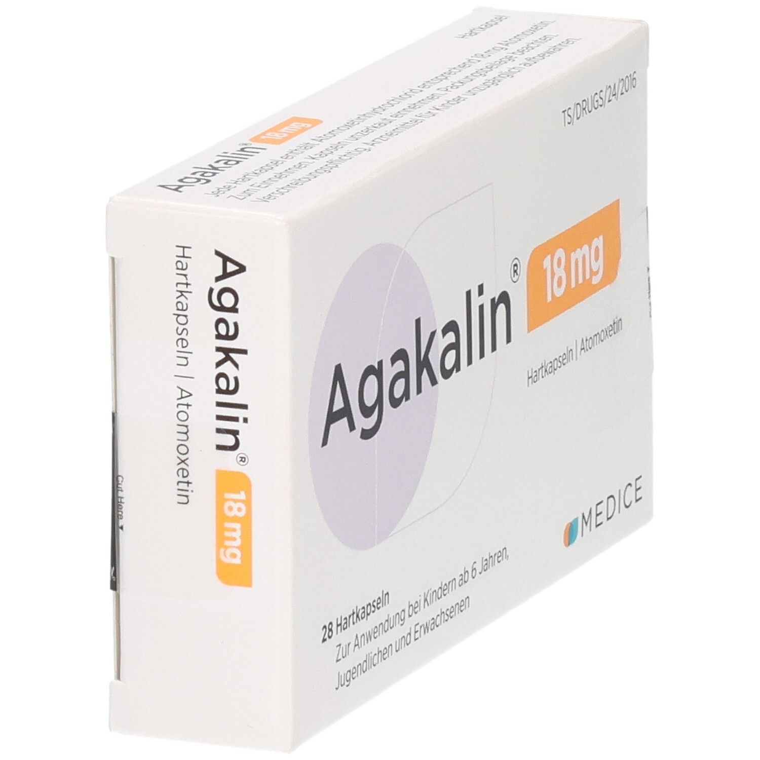 Agakalin 18 mg Hartkapseln Schachtel, 28 Stück, schräg von vorne.