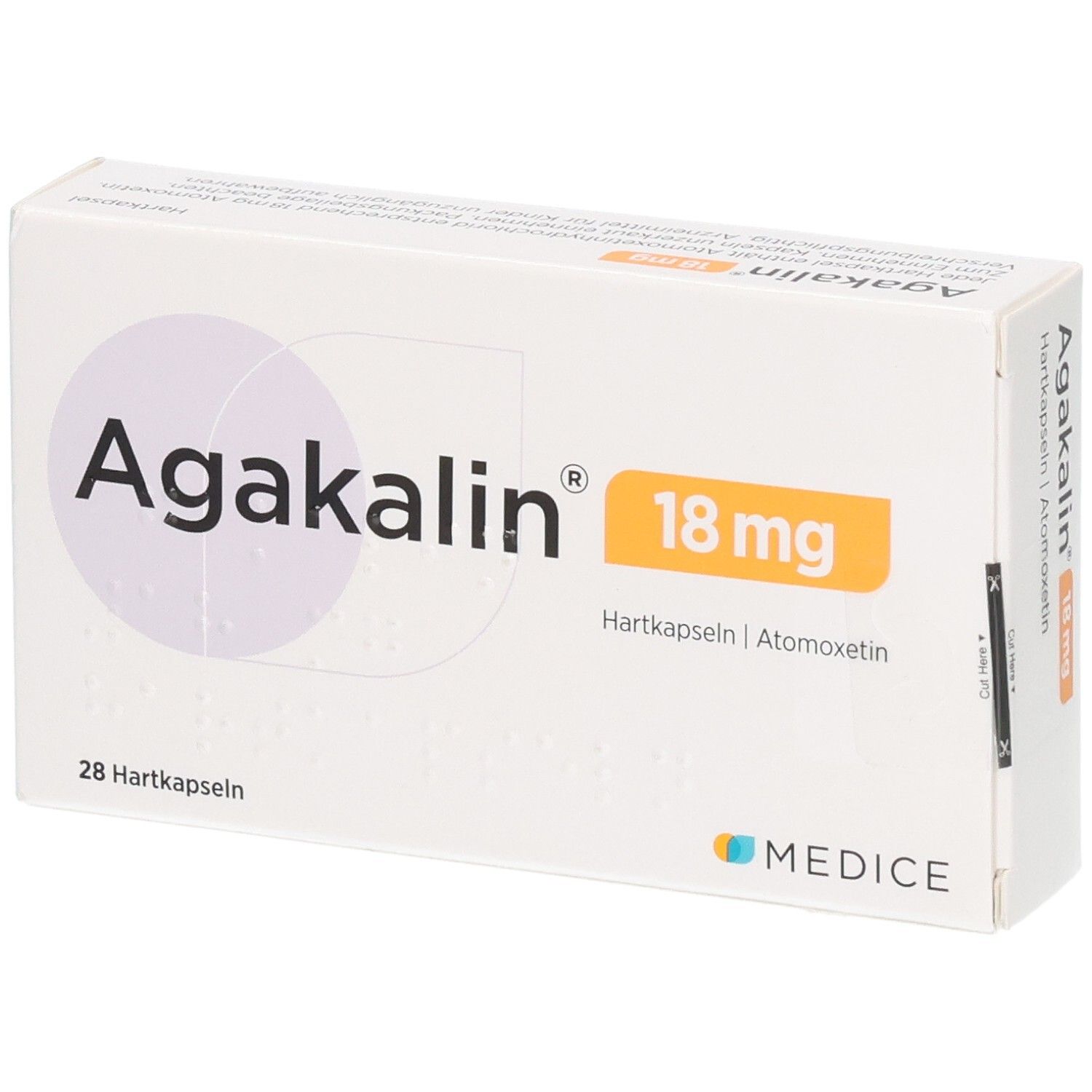 Agakalin 18 mg Hartkapseln Schachtel, 28 Stück, von der Seite.