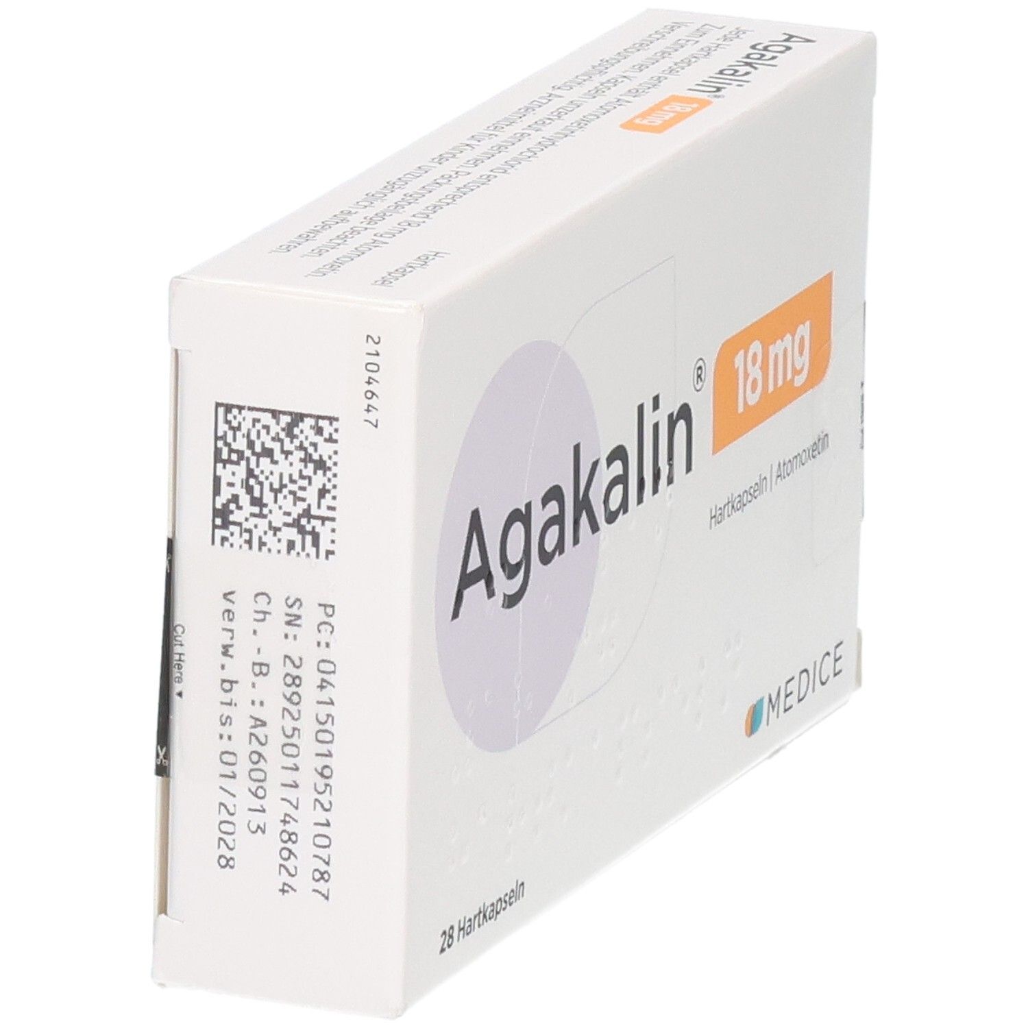 Agakalin 18 mg Hartkapseln Schachtel, 28 Stück, mit Seitenansicht.