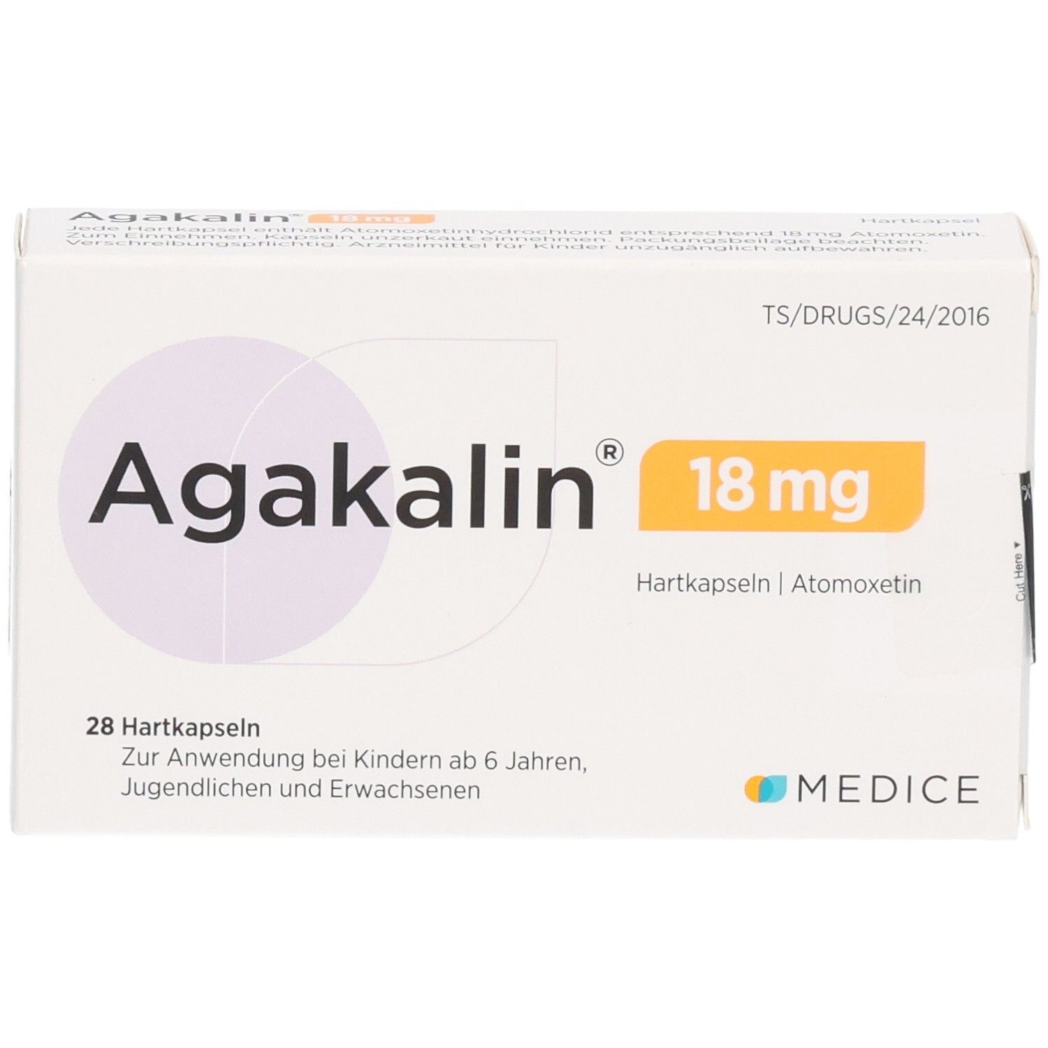 Agakalin 18 mg Hartkapseln Schachtel, 28 Stück, Vorderseite.
