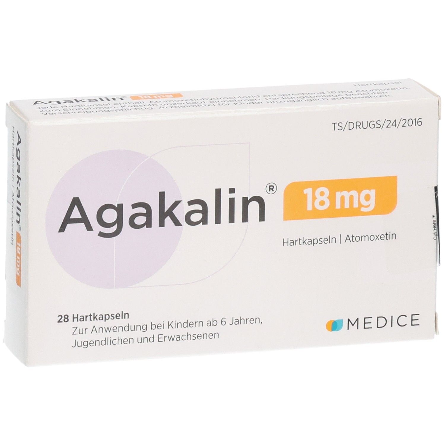 Agakalin 18 mg Hartkapseln Schachtel, 28 Stück, schräg von vorne.