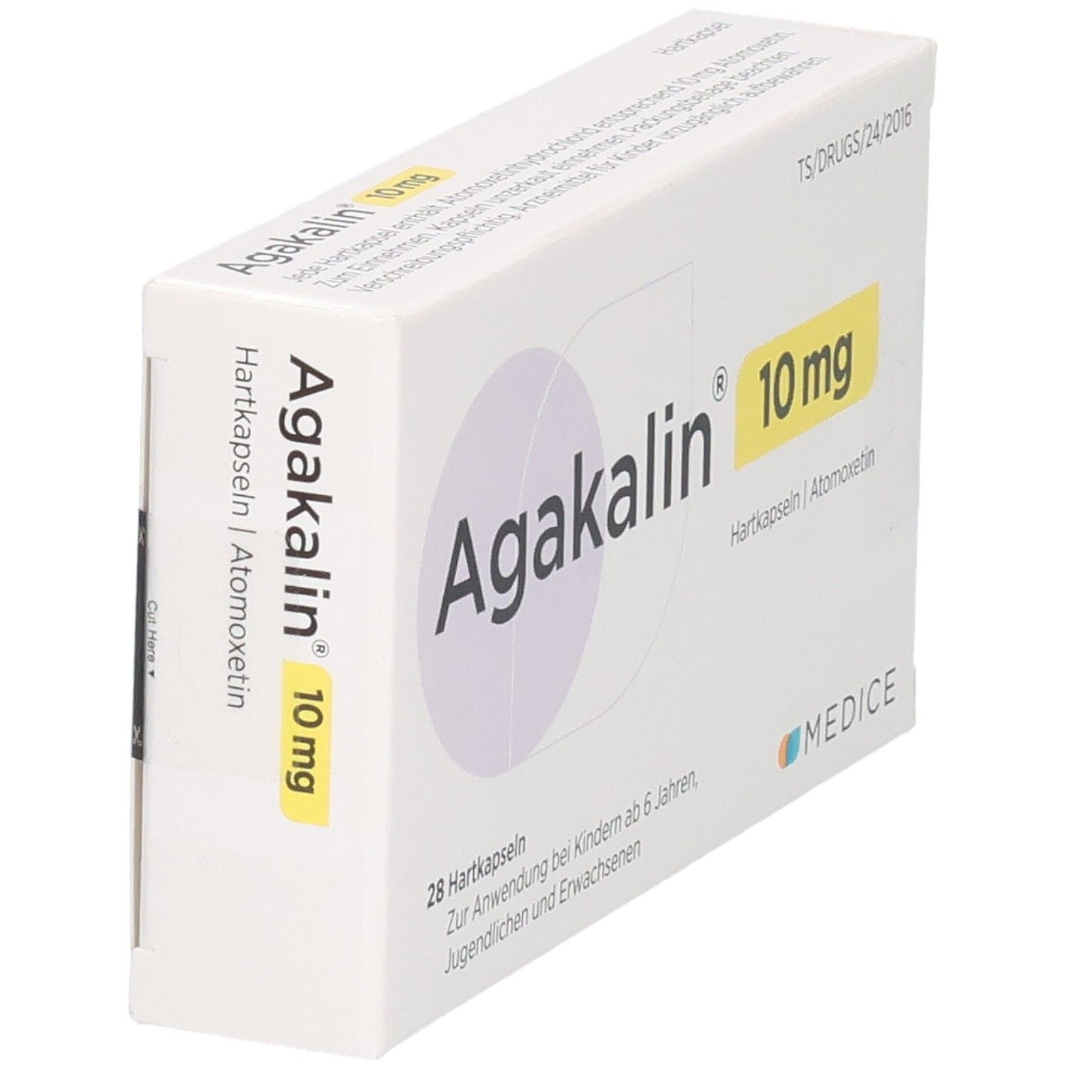 Agakalin 10 mg Hartkapseln Schachtel, 28 Stück, Seitenansicht.