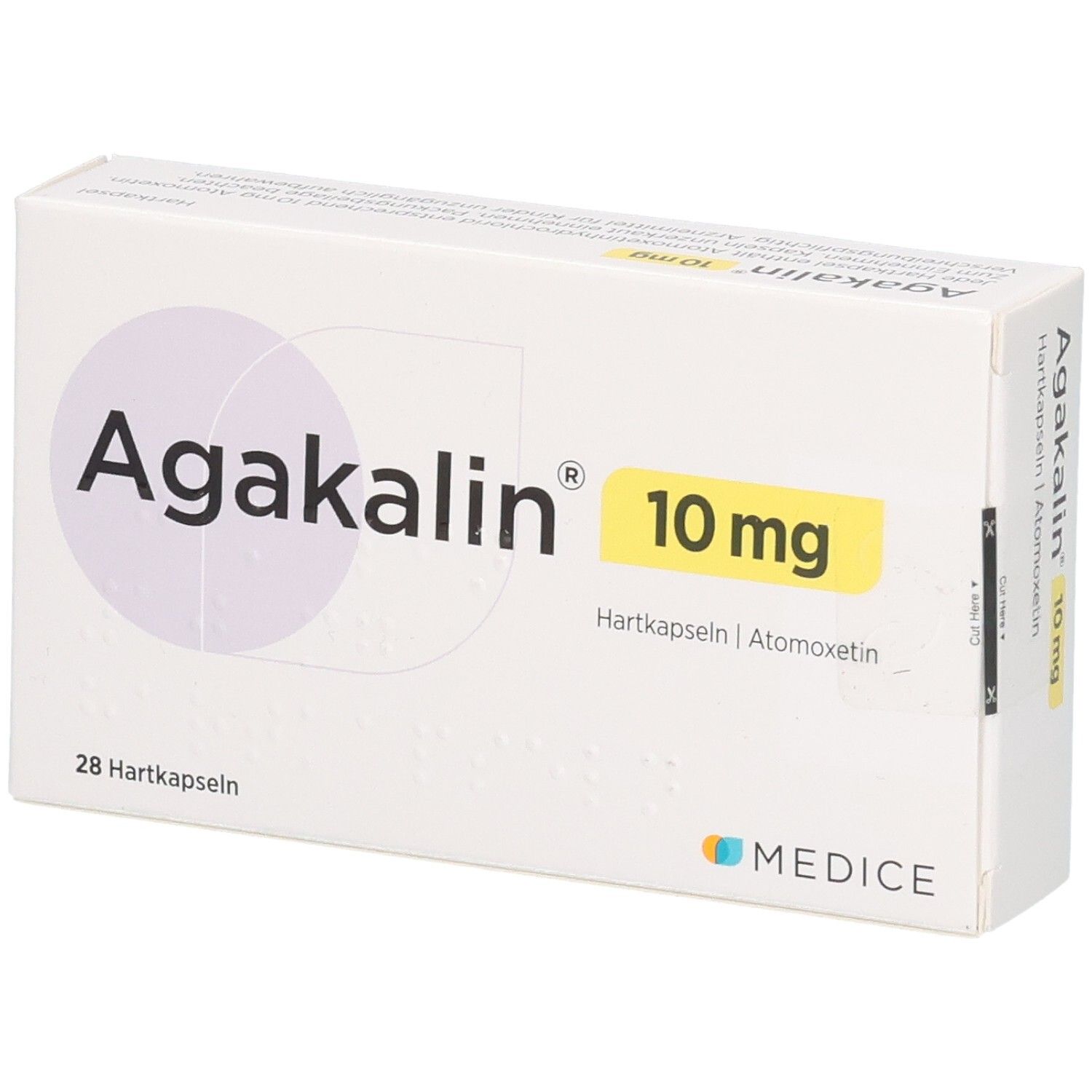 Agakalin 10 mg Hartkapseln Schachtel, 28 Stück, schräg von vorne.