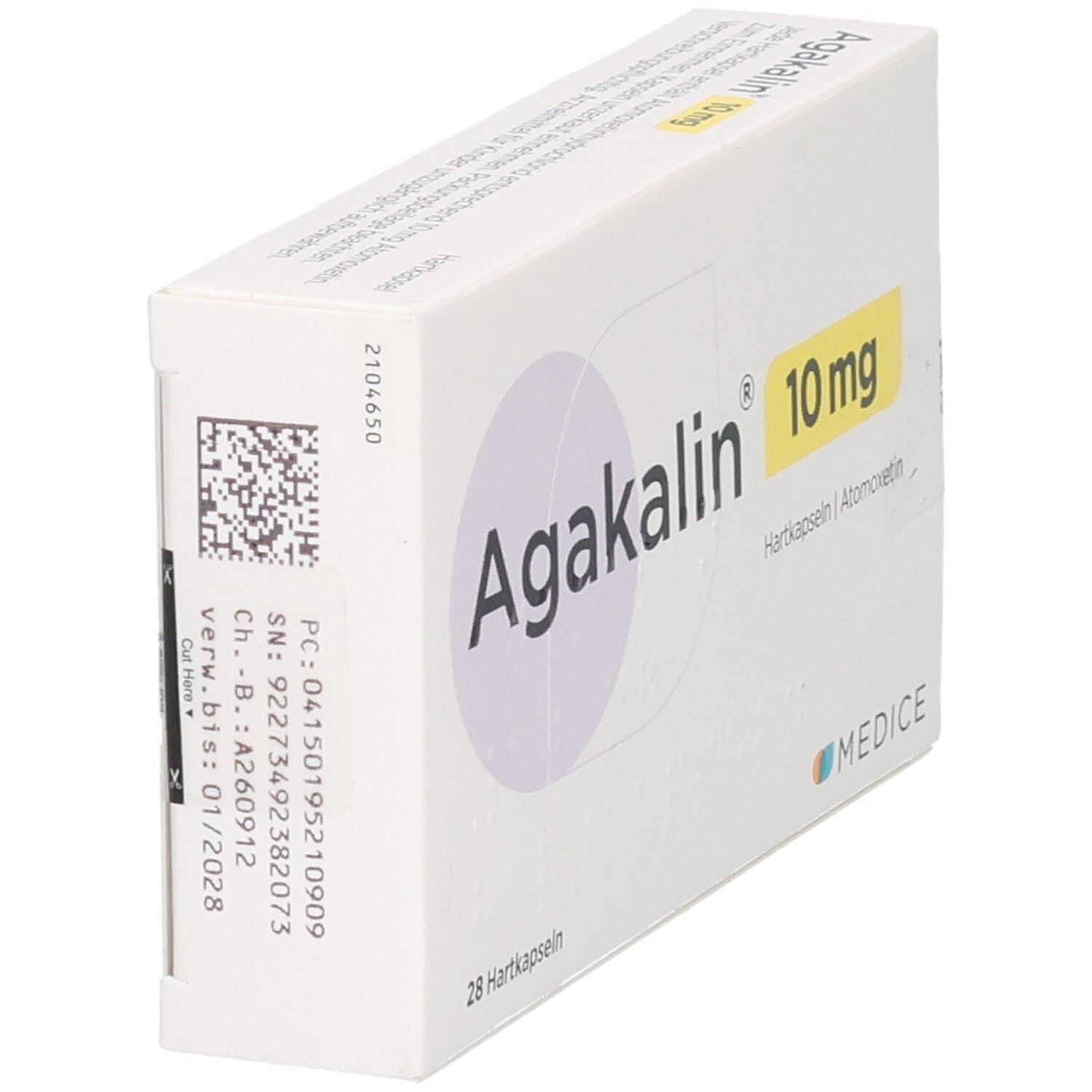 Agakalin 10 mg Hartkapseln Schachtel, 28 Stück, Rückseite mit Barcode.