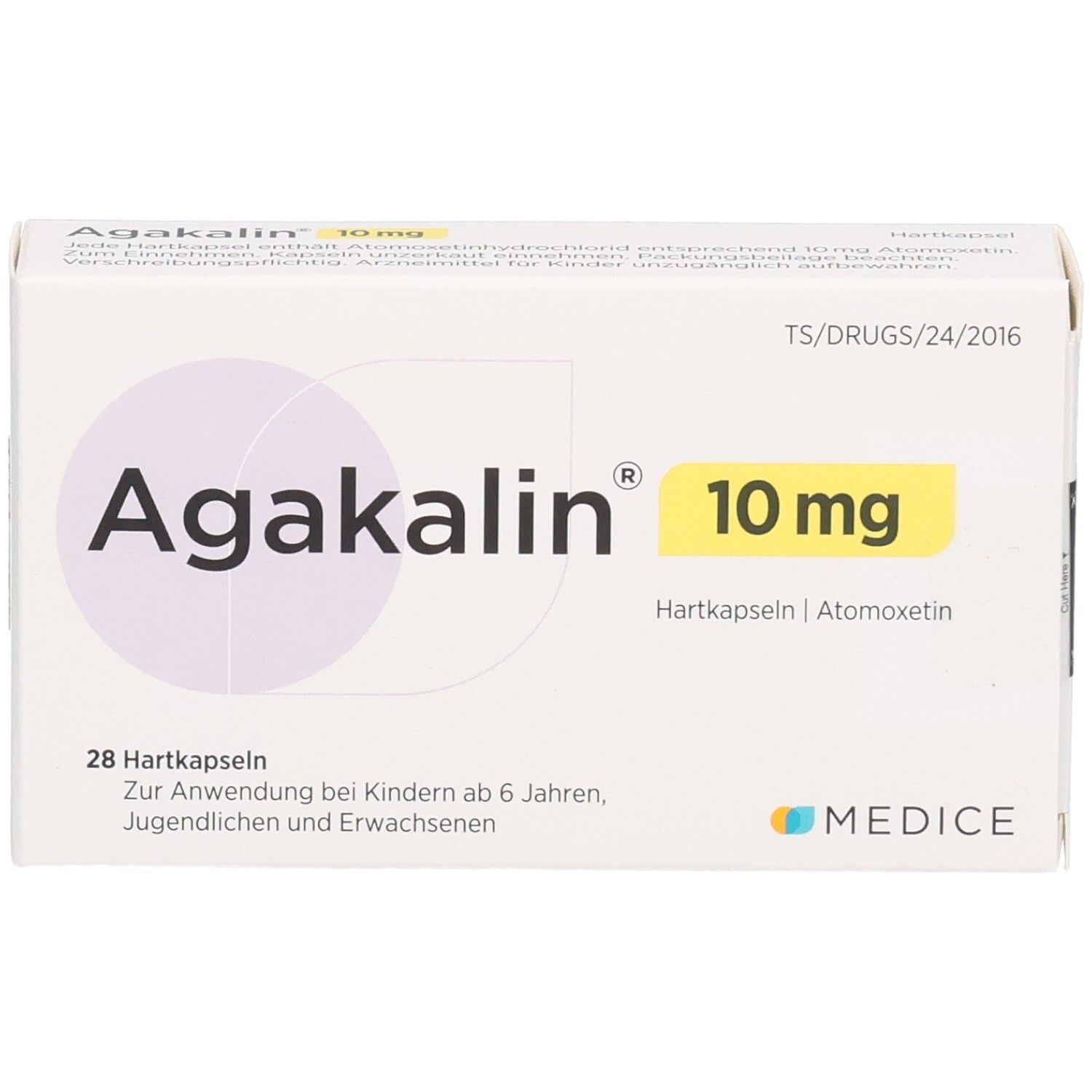 Agakalin 10 mg Hartkapseln Schachtel, 28 Stück, Vorderseite.