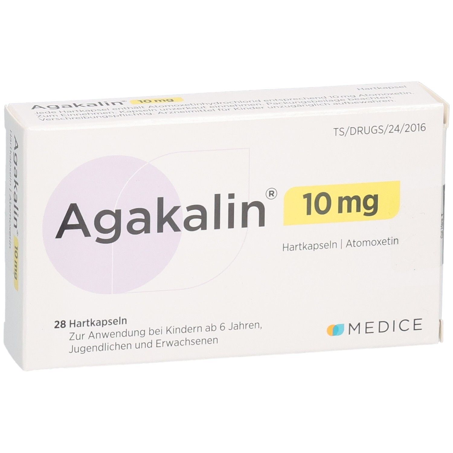 Agakalin 10 mg Hartkapseln Schachtel, 28 Stück, schräg von vorne.